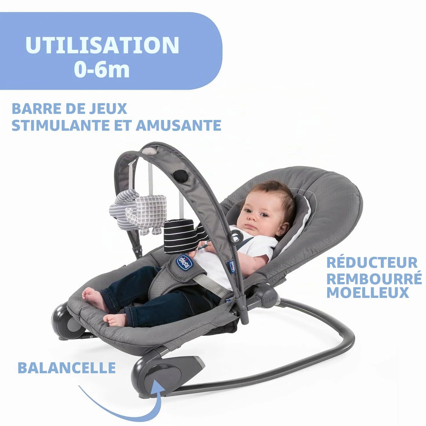 Chicco Hooplà Transat Enfant Évolutif Bébé 0-18 kg Position Fixe Bascule Barre de Jeu Dossier Réglable Coussin Réducteur Moon Grey