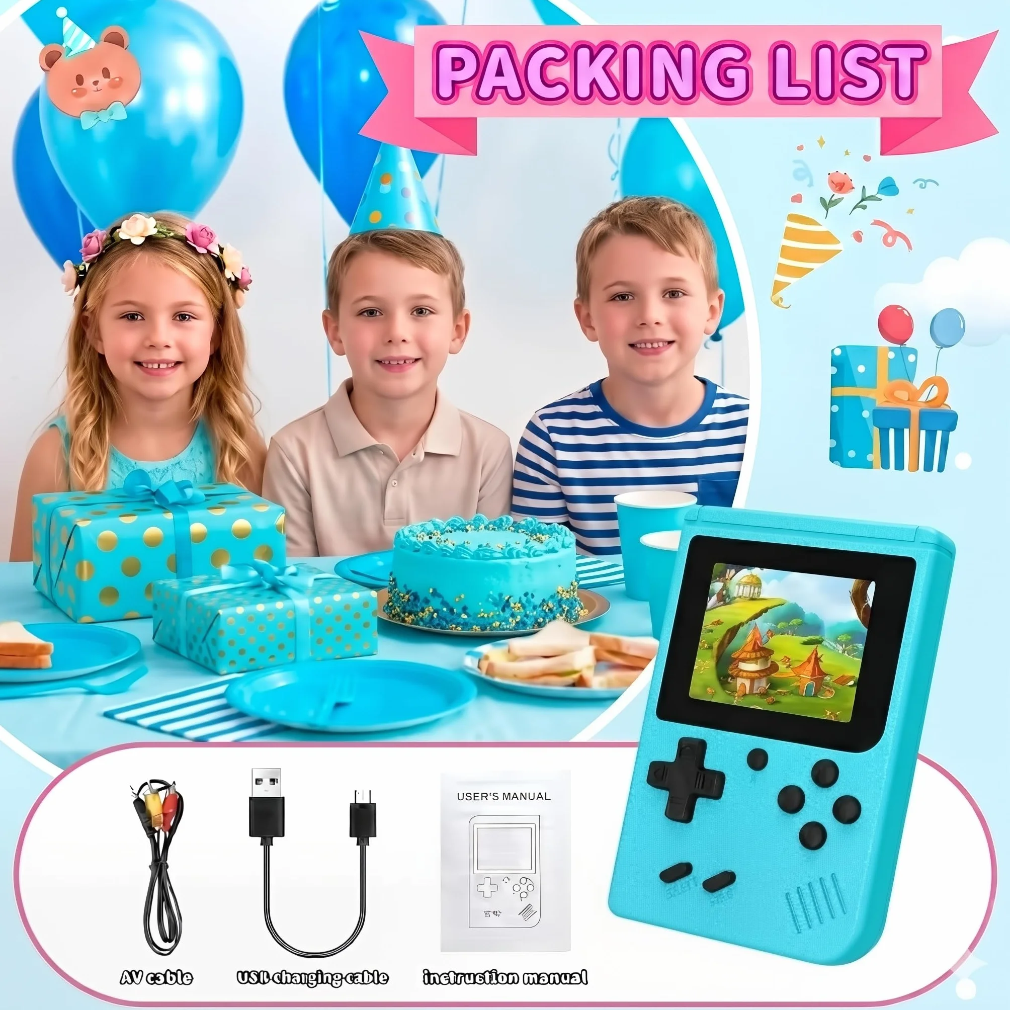 Console de Jeux Rétro Portable Mini 500 Jeux Intégrés Écran IPS 3.0 Pouces Batterie Rechargeable Bleu