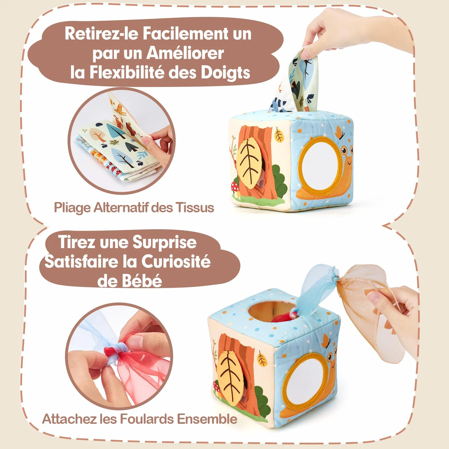 hahaland Jouet Bébé Boîte à Mouchoirs Sensoriels Montessori avec Papiers Froissés et Miroir, Cadeau pour Fille Garçon 3-12 Mois