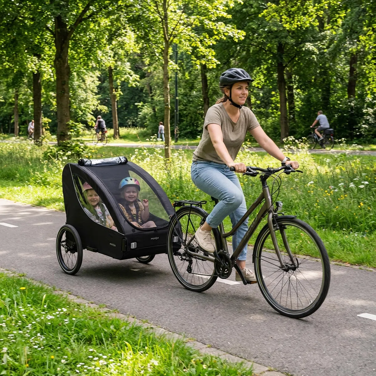 Track Remorque de vélo pour 2 enfants à partir de 9 mois jusqu'à 22 kg/120 cm/6 ans, pliable compact, avec panier de rangement et harnais à 5 points, max. 45 kg, noir