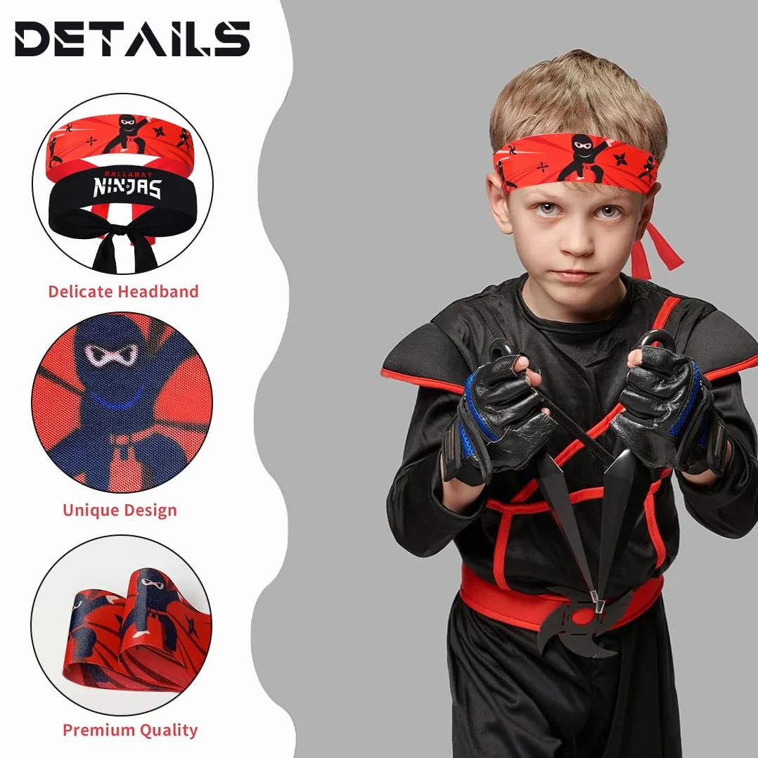 Lot de 4 bandeaux ninja noirs et rouges pour enfants - Accessoires de fête karaté anniversaire