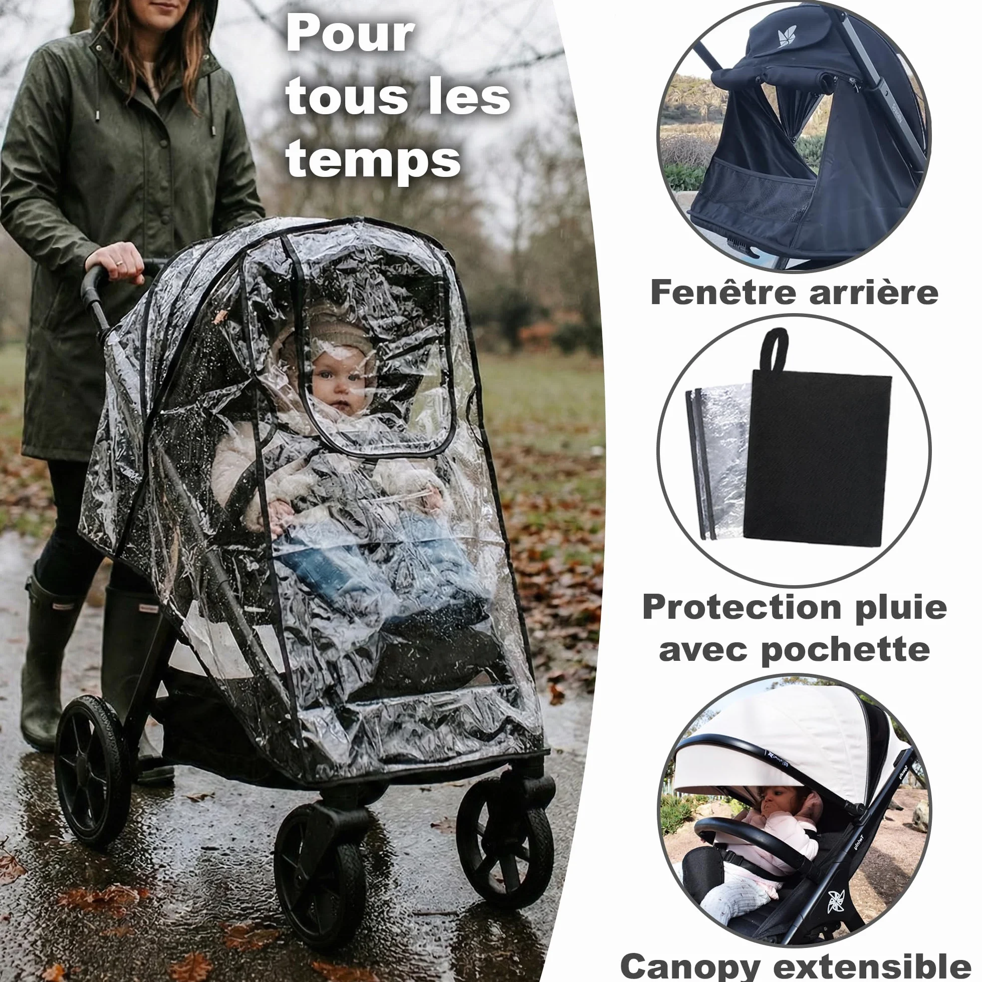 Poussette Canne Compacte et Légère jusqu'à 25kg Dès la Naissance Siège Large Capote XXL UPF-50 Pliage d'une Main Grandes Roues Noir
