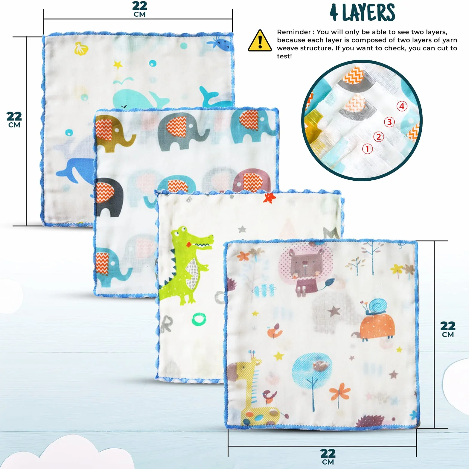 Lot de 18 débarbouillettes en mousseline de coton naturel 22 x 22 cm pour tout-petit, monde animal