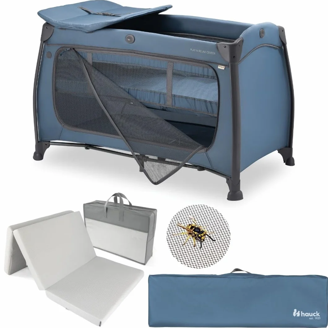 hauck Lit Parapluie Bébé avec Matelas Play N Relax Center - Lit Voyage Bébé Moustiquaire, Niveau Nouveau-Né, Table à Langer, Roues, Sac Transport, Bleu Foncé