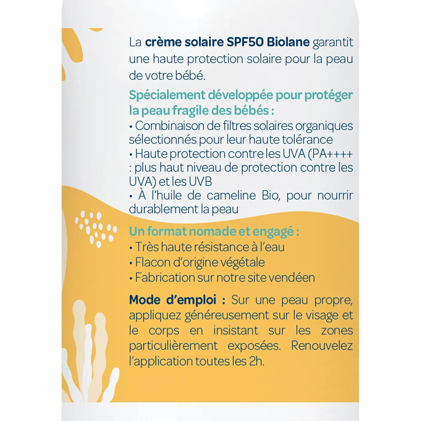 BIOLANE Crème Solaire Bébé SPF 50 100ML Haute Protection UVA UVB Résistant à l'eau Fabriquée en France