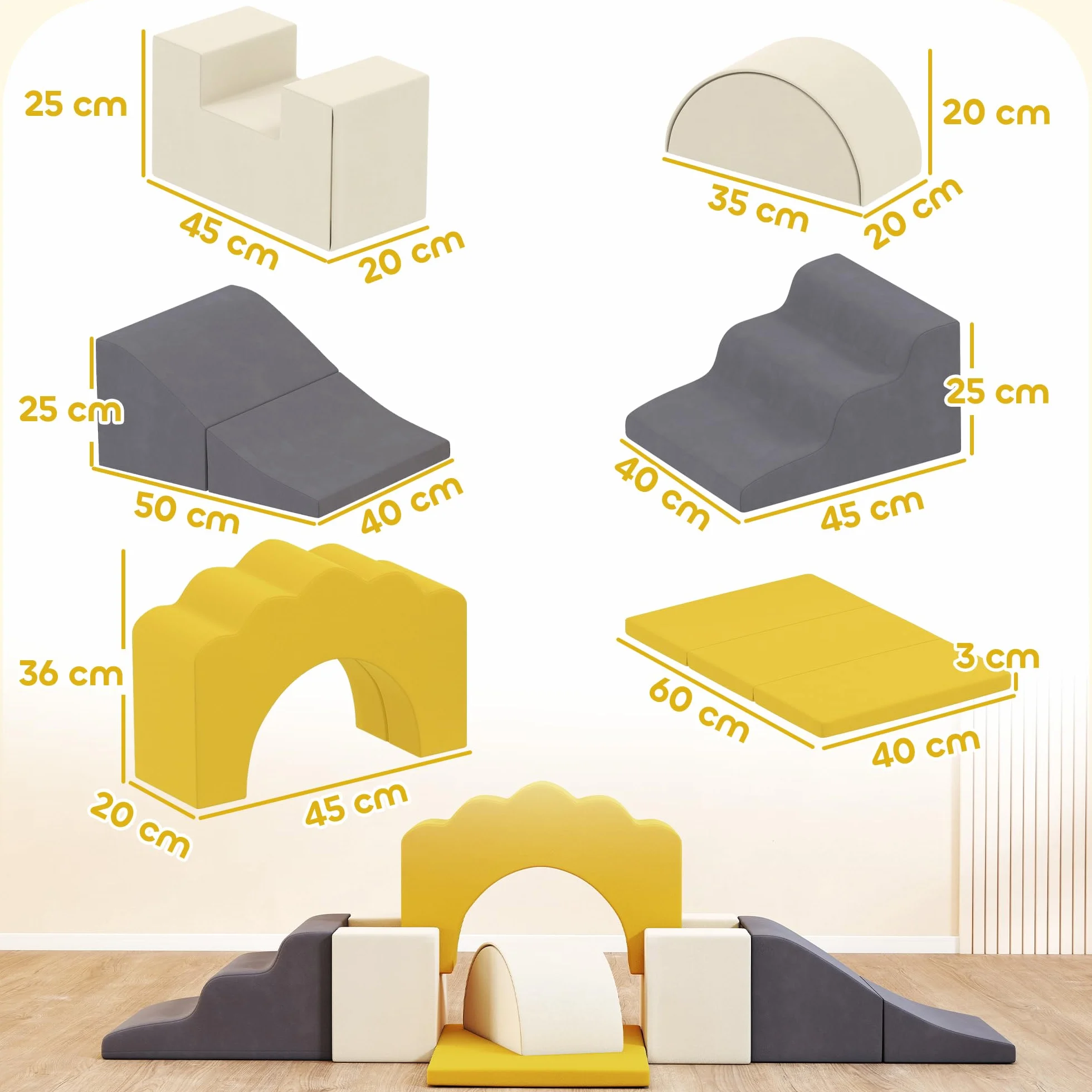 AIYAPLAY Parcours motricité bébé modulable, Blocs Mousse éducatifs 7 pièces, Housse Lavable Velours, Base antidérapante, Jeu intérieur Enfants 6 Mois-3 Ans, Jaune