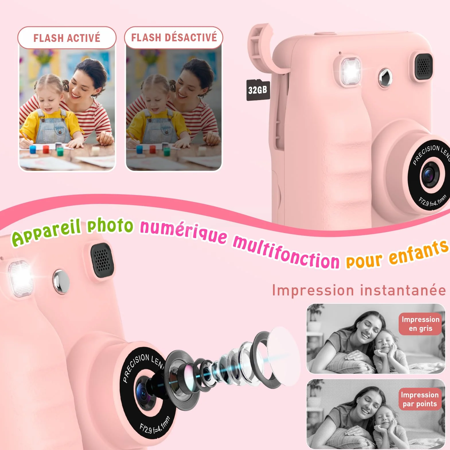 Appareil Photo Instantané Enfant avec Papier d'Impression & Carte 32GB, Écran 2.4'' HD, Vidéo 1080P, Selfie & Jeux