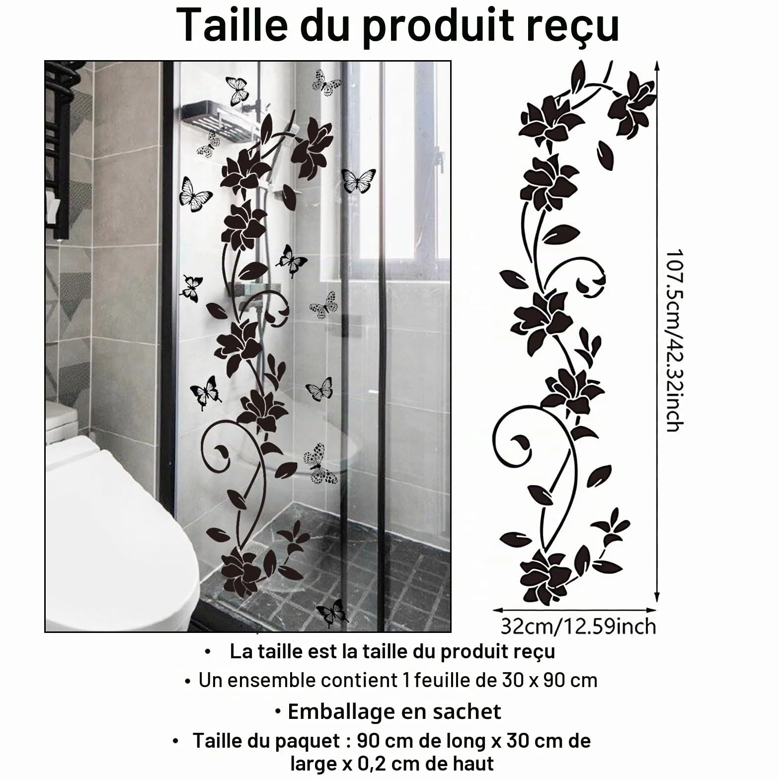 Autocollant Muraux Noir Design Moderne Fleurs Vigne Papillons PVC 30x90cm Decoration Miroir Fenêtre Salon