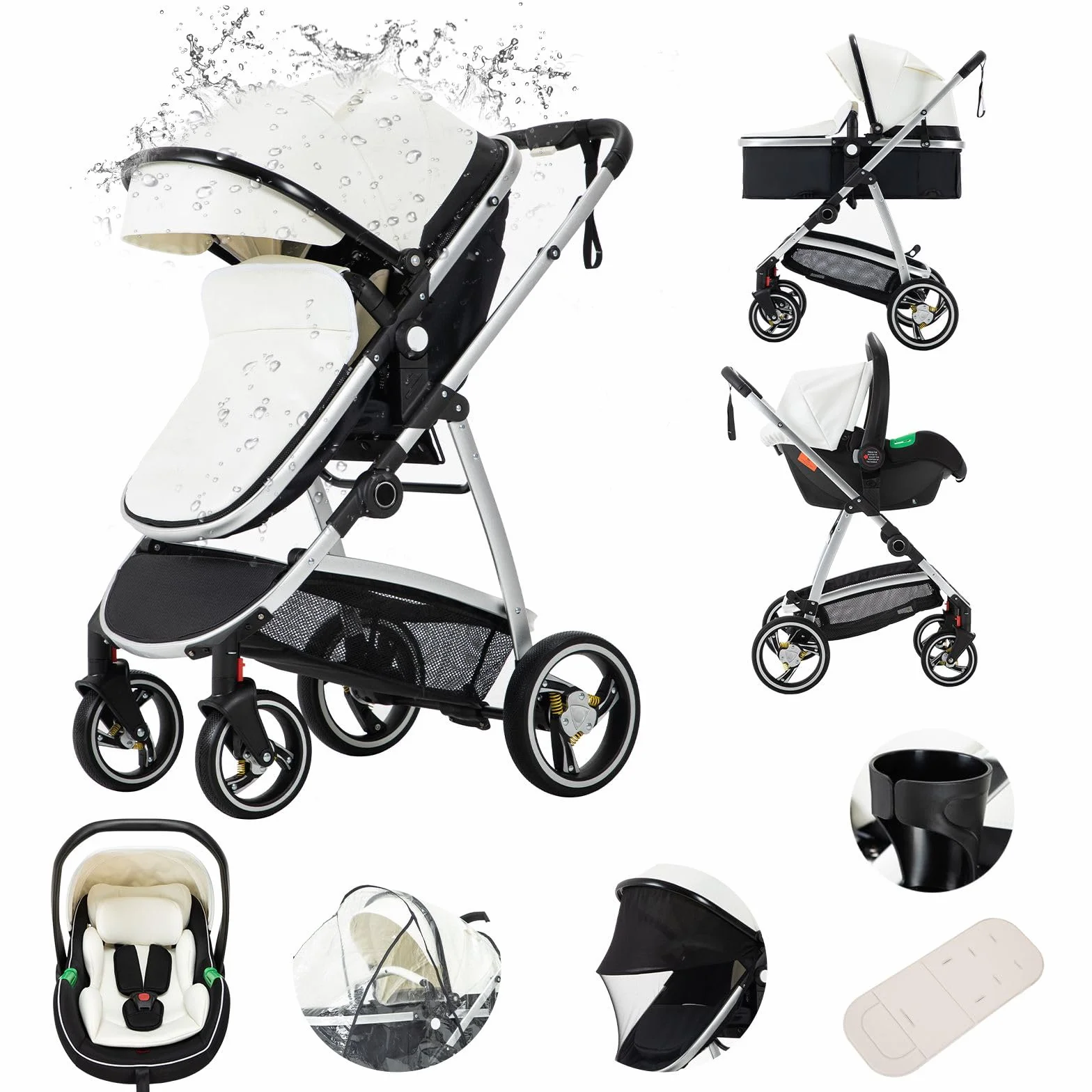Poussette Combinée 3 en 1 Citadine Siège Auto ECE R129 Cadre Aluminium Nouveau-né 0-4 ans