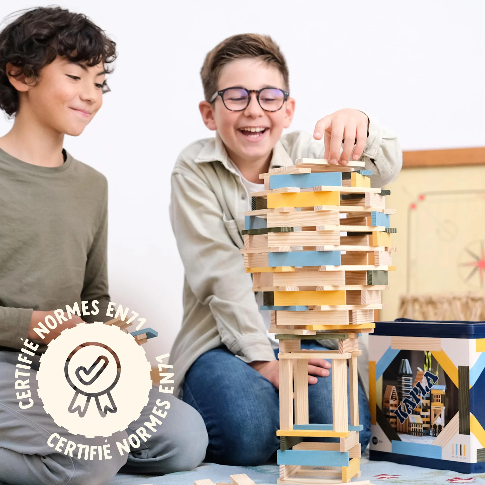 KAPLA Jeu de Construction 120 Planchettes Bois Colorés Nature Bleu Clair Jaune Vert