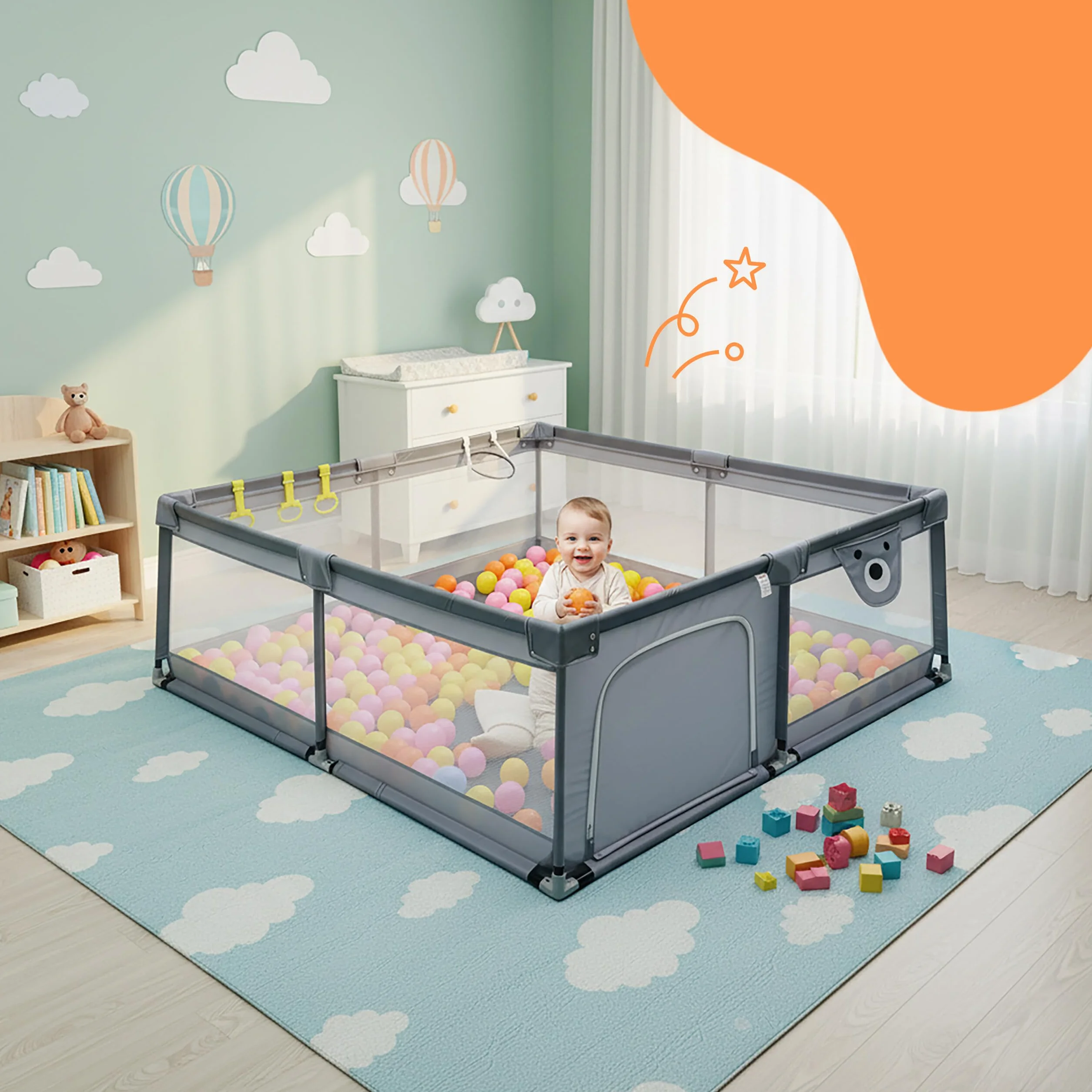 Parc pour bébé Relaxdays 200 x 200 cm Aire de Jeu sécurisée Tissu Oxford Gris