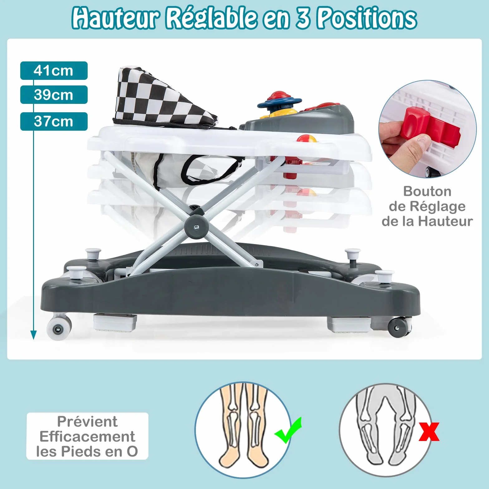 GOPLUS Trotteur Bébé Évolutif 6 en 1, Pliable avec 3 Hauteurs Réglables, Lumières, Musique, Charge 12KG, pour 6+ Mois, Gris