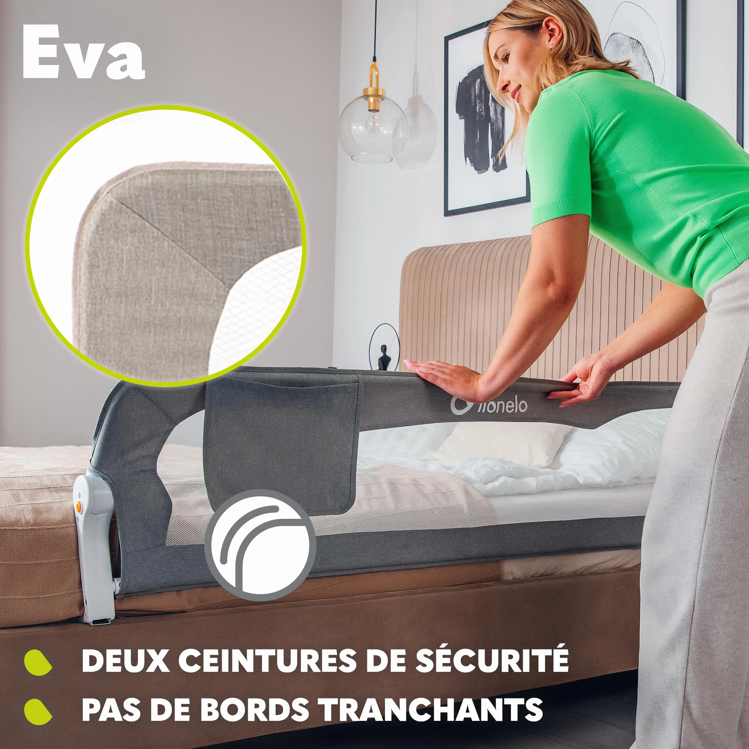 Lionelo Eva Barrière de Lit 150cm x 42cm Pliage 180° Anti-Chute Ceintures Sécurité Cadre Métal Pliable Beige
