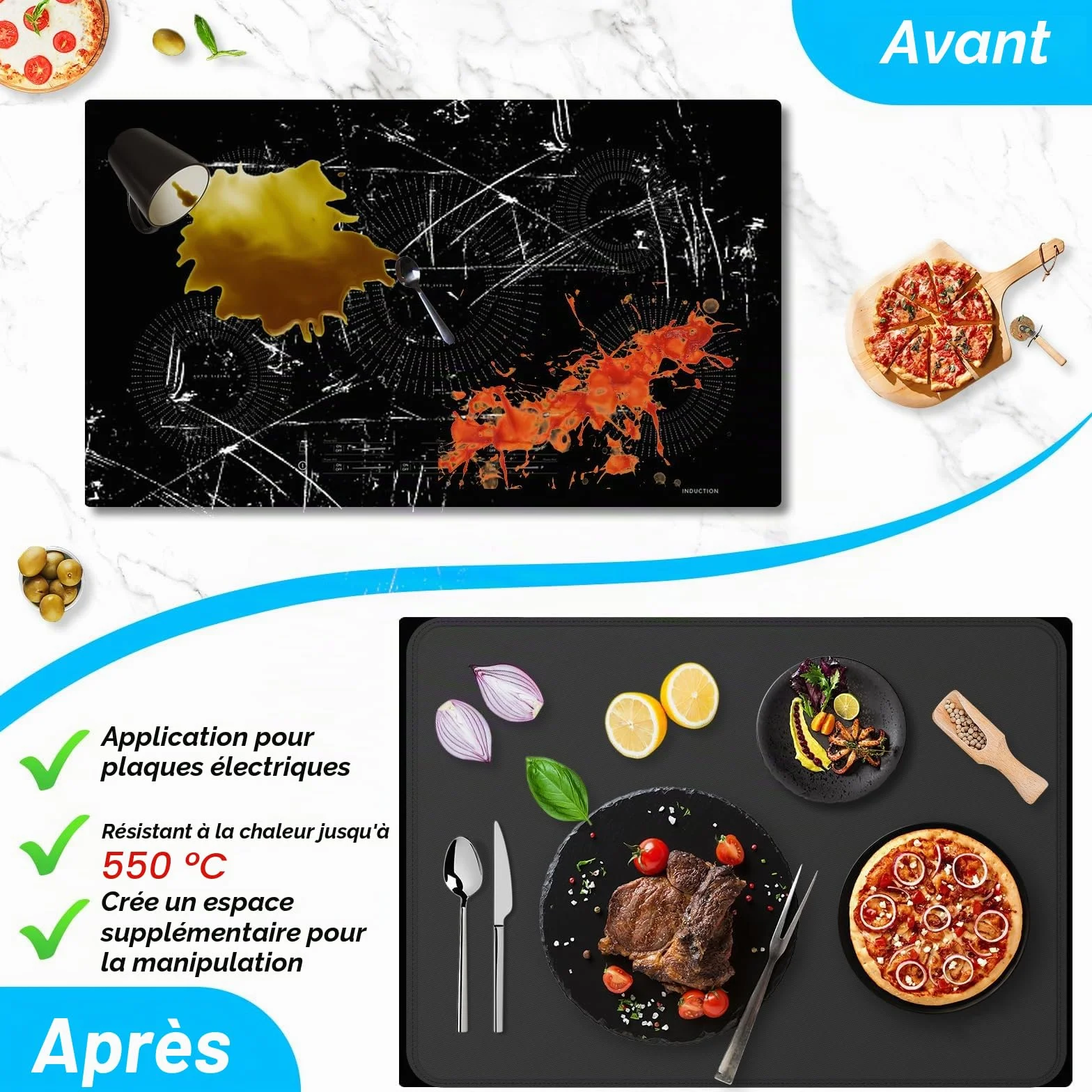 Couvre-plaque ignifuge et imperméable cuisinière électrique verre 53 x 91 cm noir