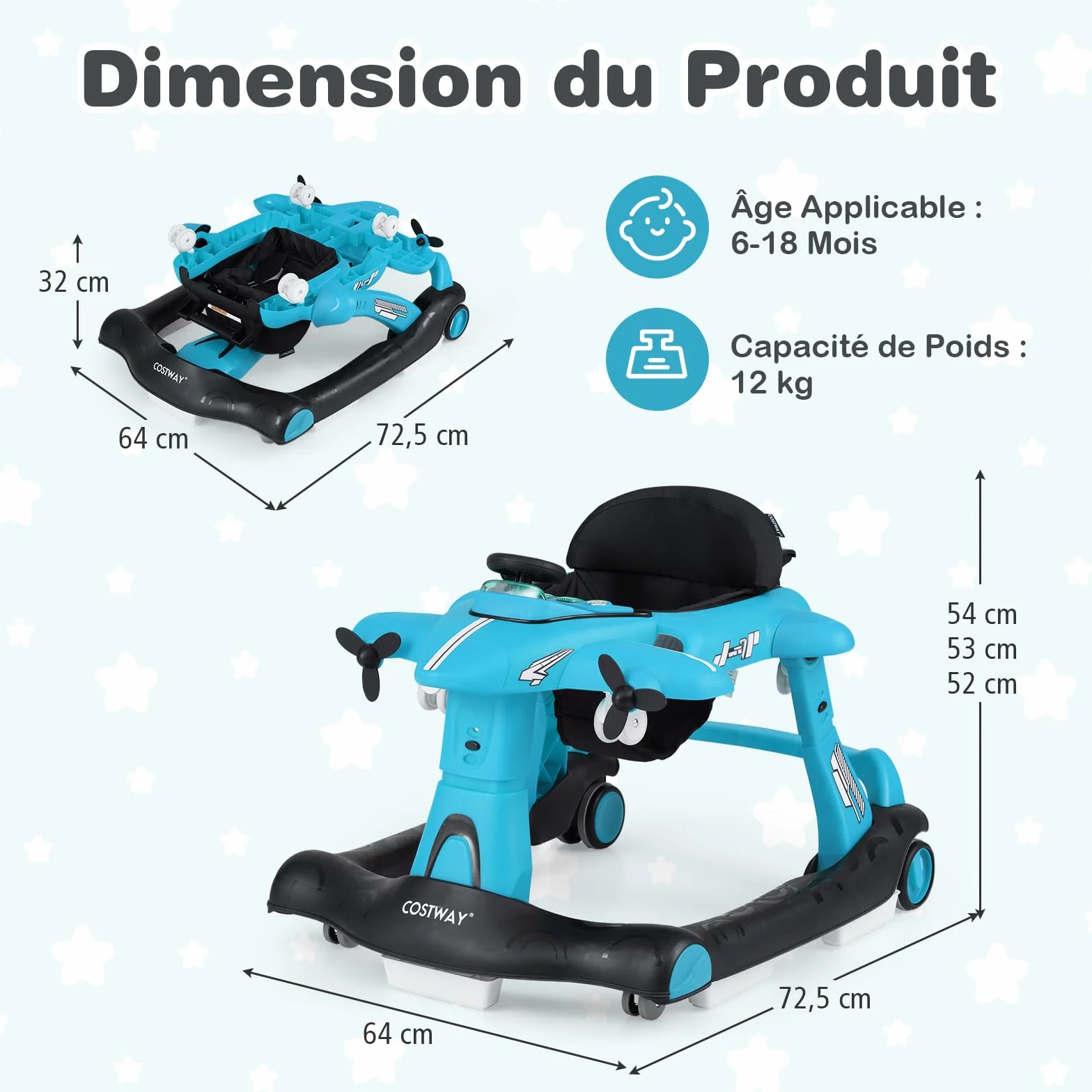 GOPLUS Trotteur Bébé Pliable 6 en 1, 3 Hauteurs Réglables, Roue Silencieuse, Charge 12KG pour 6-18 Mois