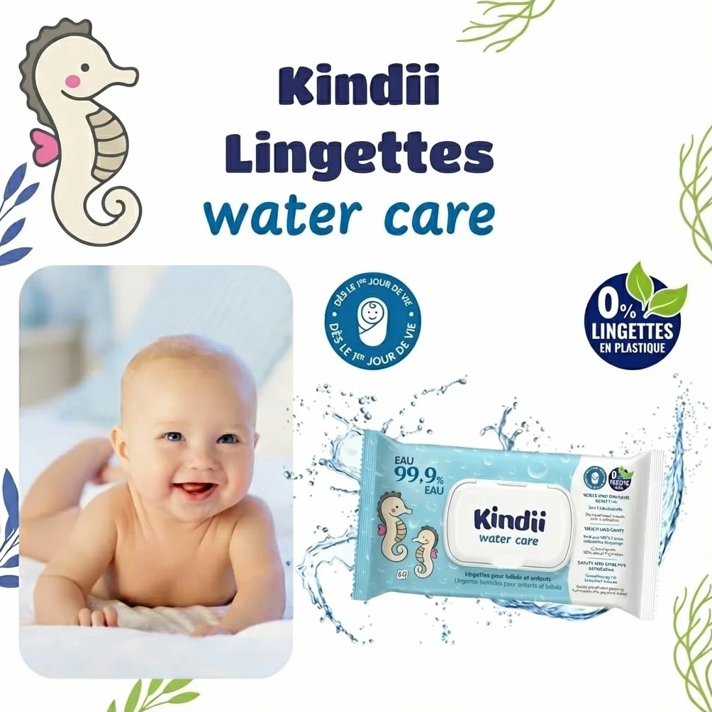 Kindii Water Care Lingettes Humides Bébé 60 unités 100% Viscose 99,9% Eau 150 × 200 mm non parfumées Peaux Sensibles