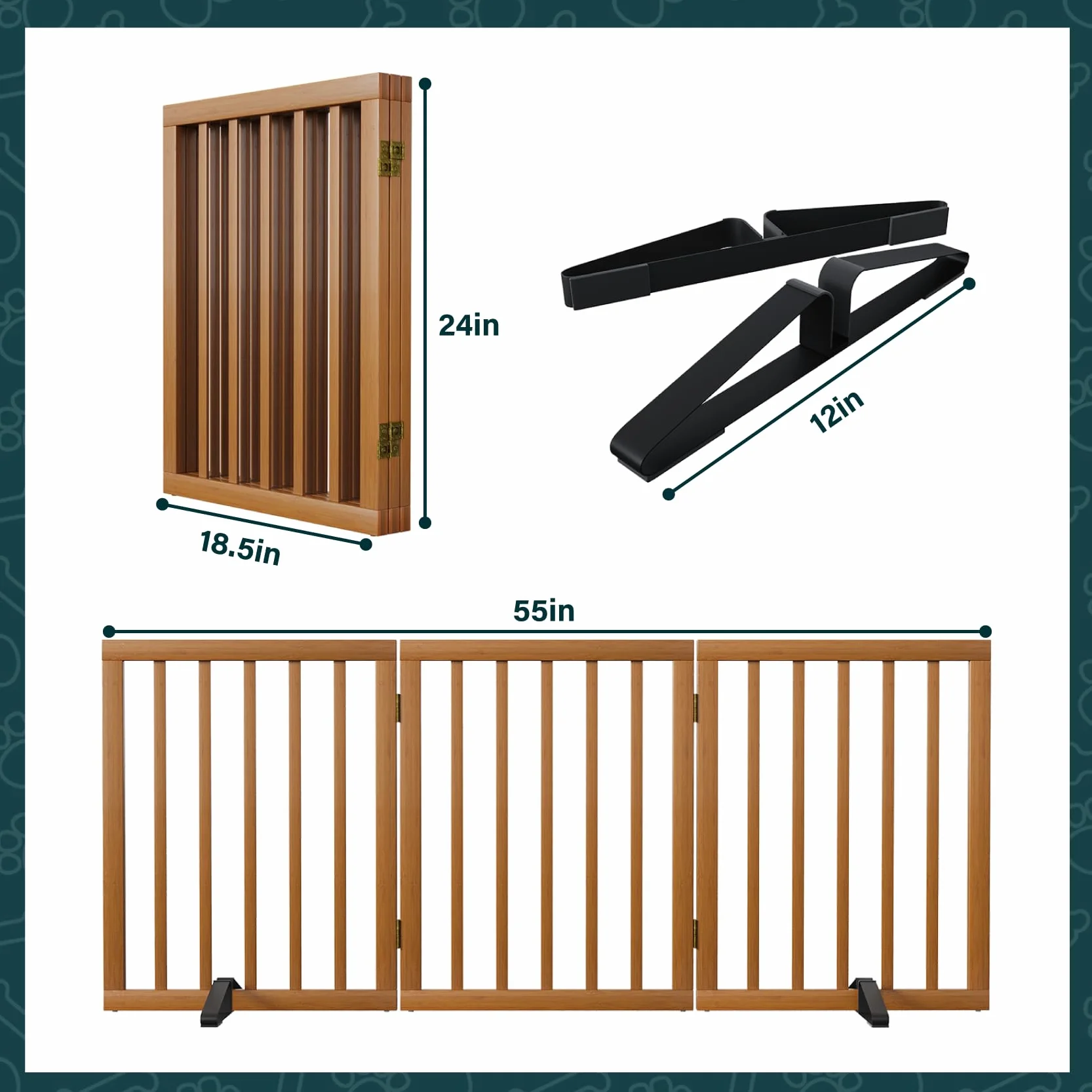 Barrière de Sécurité pour Chien 3 Panneaux sans Perçage 61cm x 140cm avec Supports Métalliques Noyer