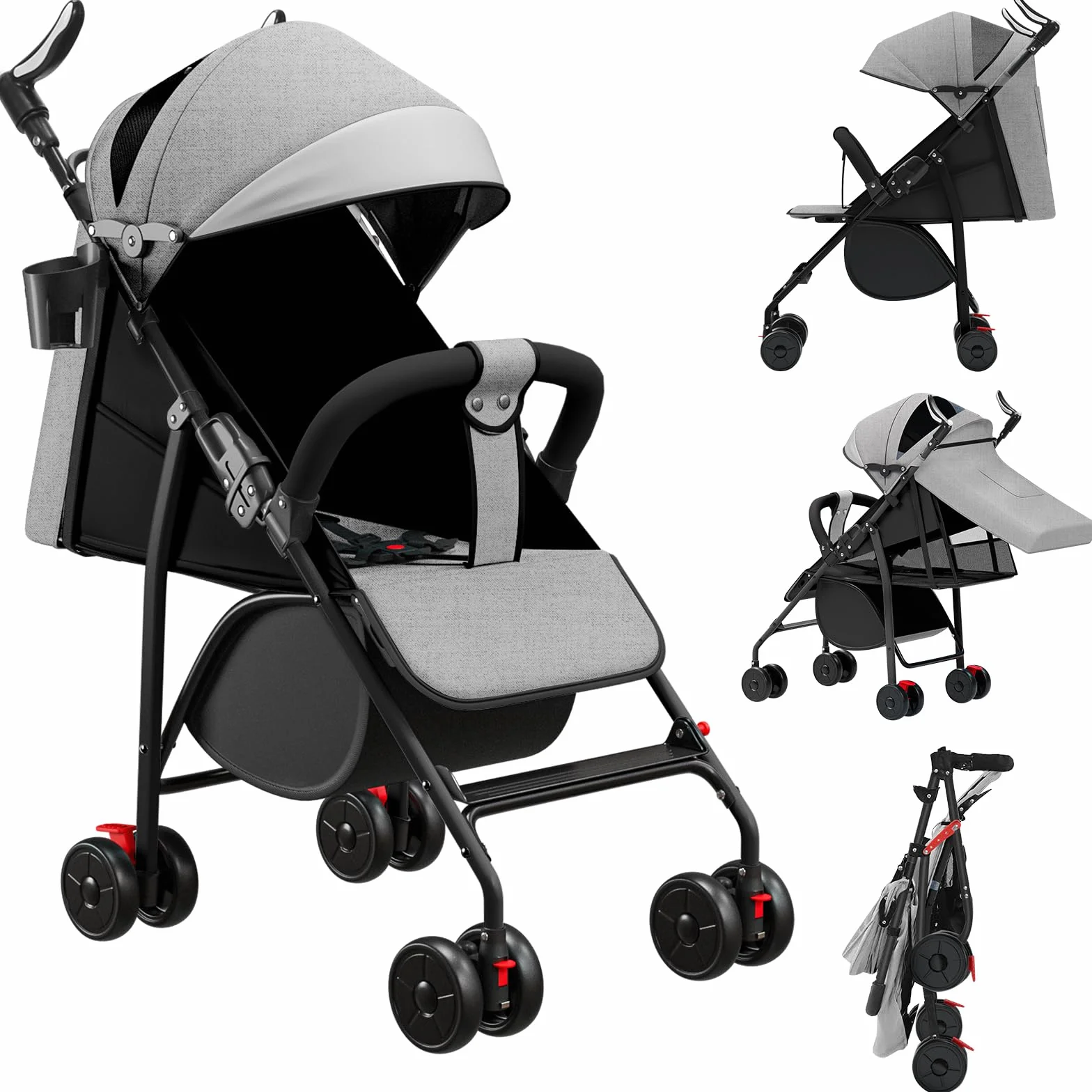 Poussette 4 Roues jusqu'à 25 kg Grande Capote Pliage Compact Dossier Inclinable Guidon Réglable Grandes Roues Tout-A-gris