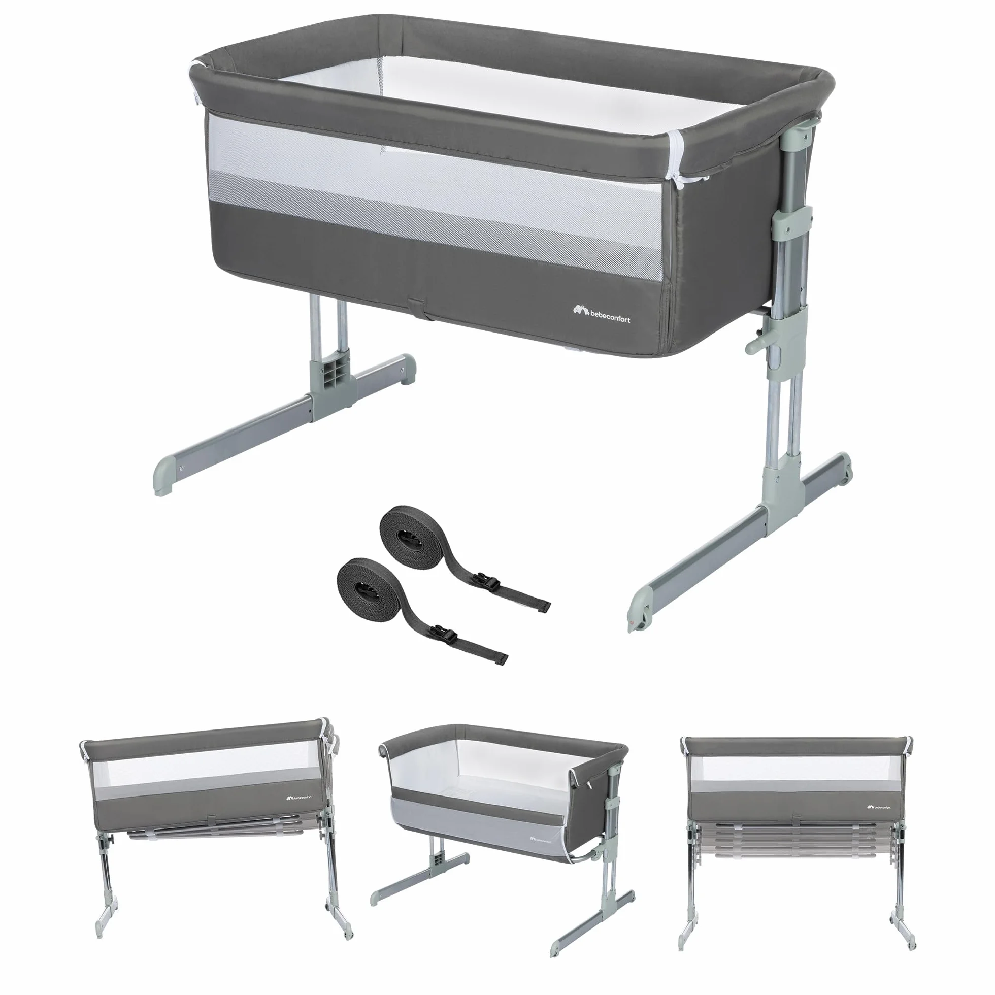 Bebeconfort Calidoo Lit Cododo Bébé Berceau 2-en-1 0-6 mois 0-9 kg Inclinable 5 Hauteurs Grand Matelas Rembourré Côtés Filet Gris Gris