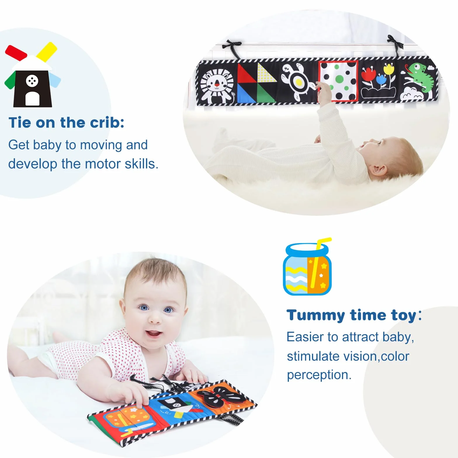 Livre Tissu Bébé 0-3-6 Mois Haute Contraste Sensoriel Noir et Blanc Pliable Réutilisable