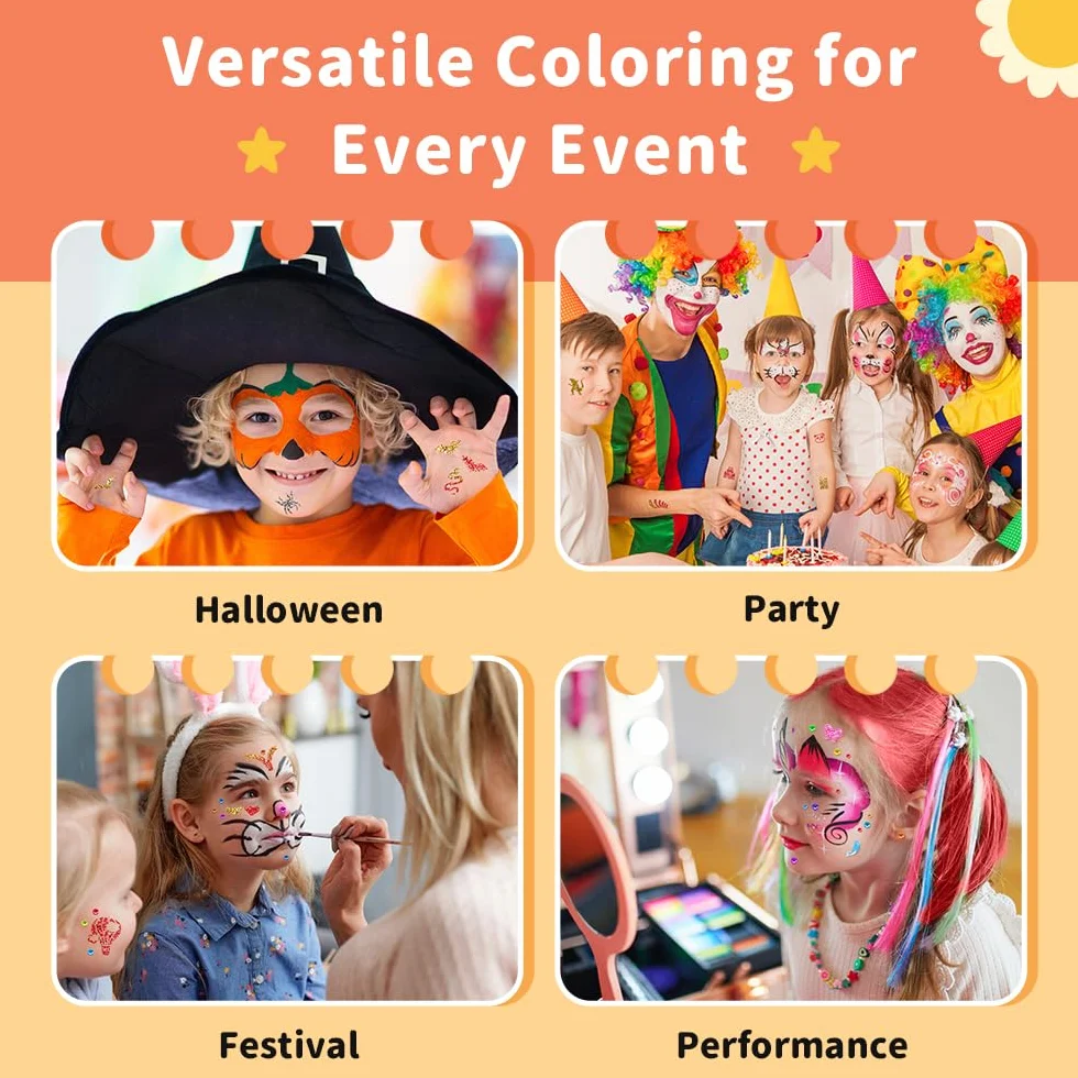 Janolia Palette Maquillage Enfant 20 Couleurs Peinture Visage avec 2 Pinceaux 60 Pochoirs Kit Maquillage Carnaval Halloween