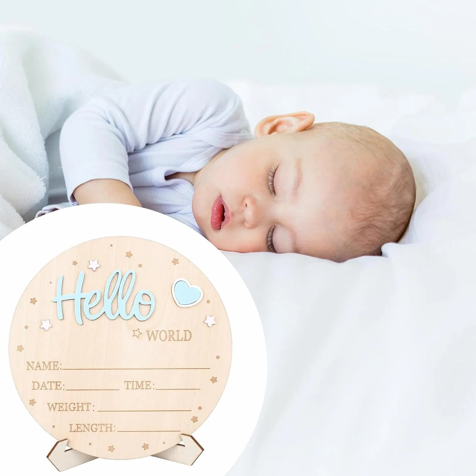 Plaque Annonce Bébé « Bonjour Monde » en Bois Bleu, Carte du Monde pour Pronostic de Naissance, Décoration Chambre Bébé