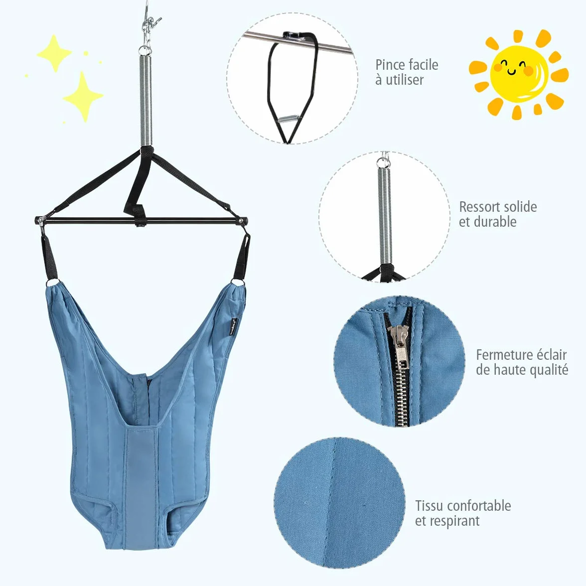 COSTWAY Siège Sauteur Suspendu Bébés 6-12 Mois Chaîne Réglable 29-93CM Tissu TC Tube Fer Charge Max. 12KG Bleu