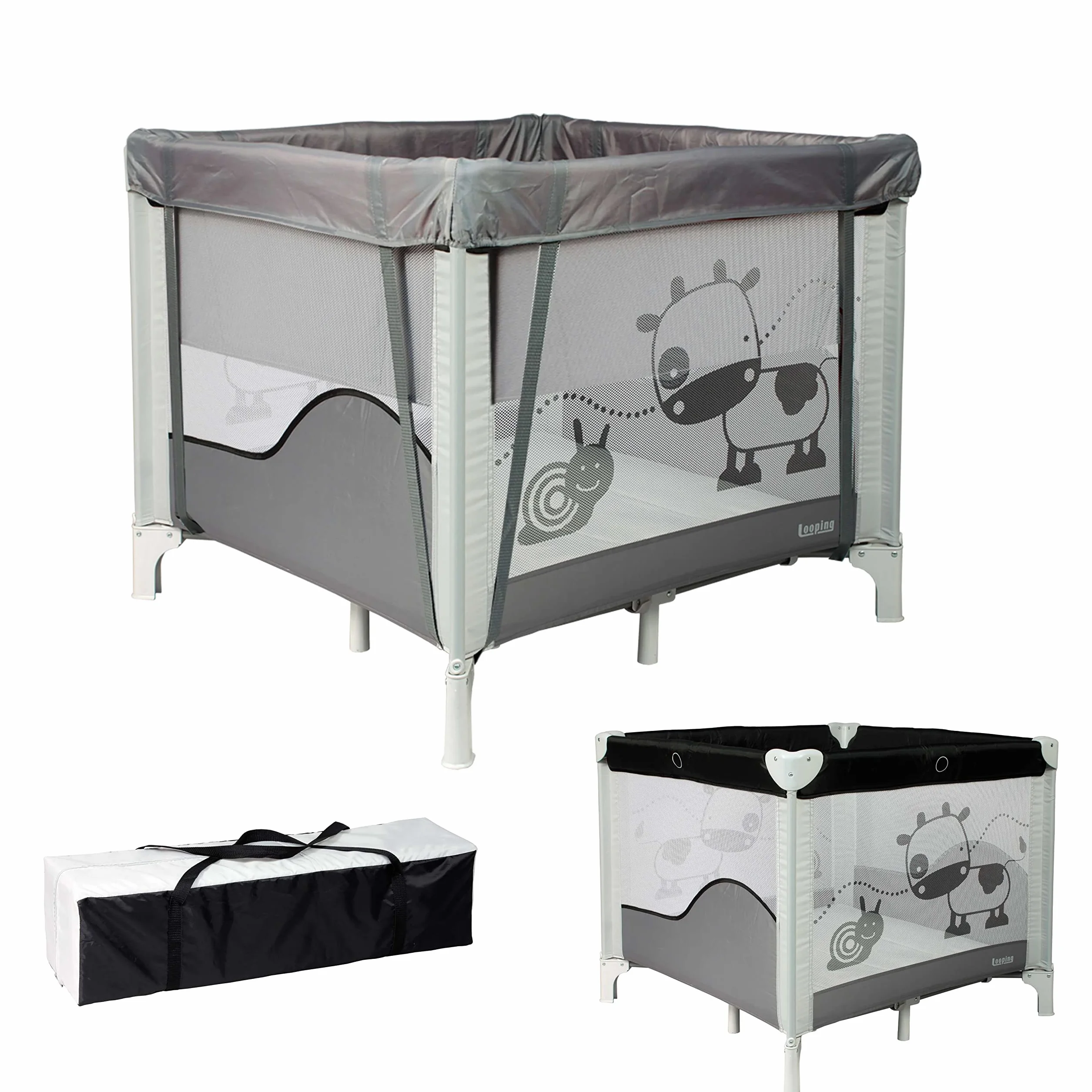 Looping Parc Bébé Pliable 90 x 90 cm Black Emotion avec Réhausseur Réglable 2 Niveaux, Sac de Transport Inclus, jusqu'à 15kg