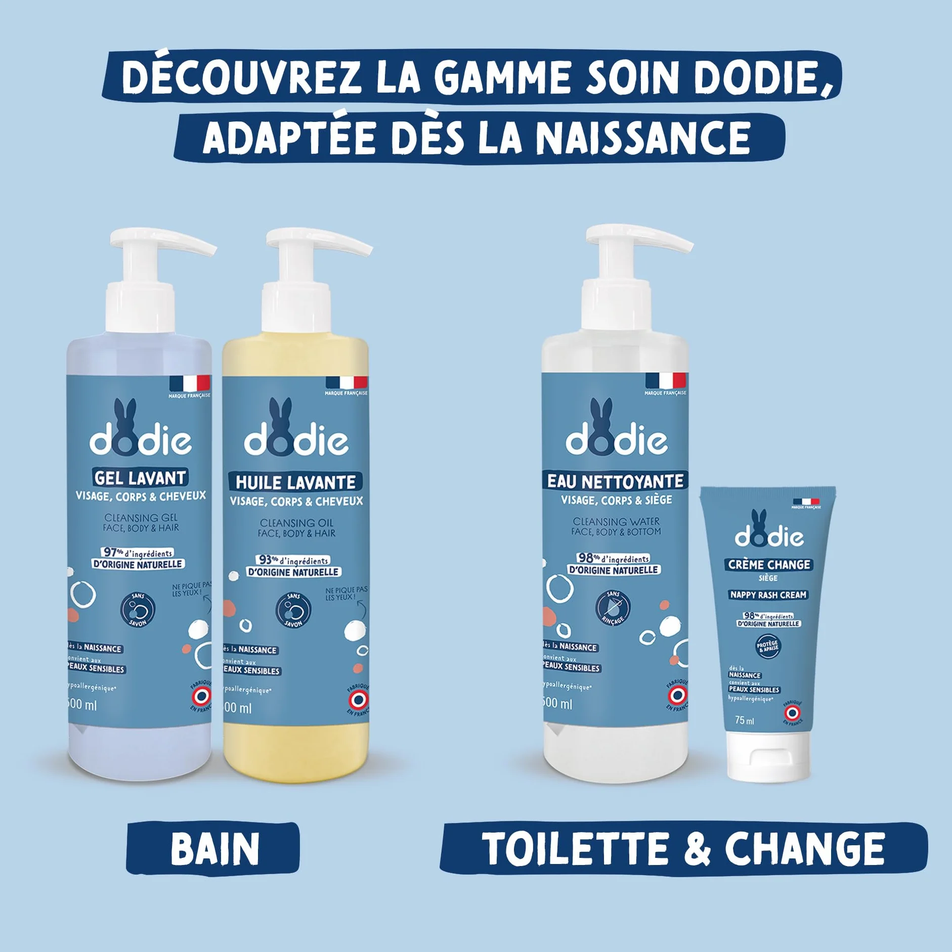 DODIE Eau nettoyante 3 en 1 1L Nettoyant Visage Corps Siège 98% ingrédients naturelle Hypoallergénique