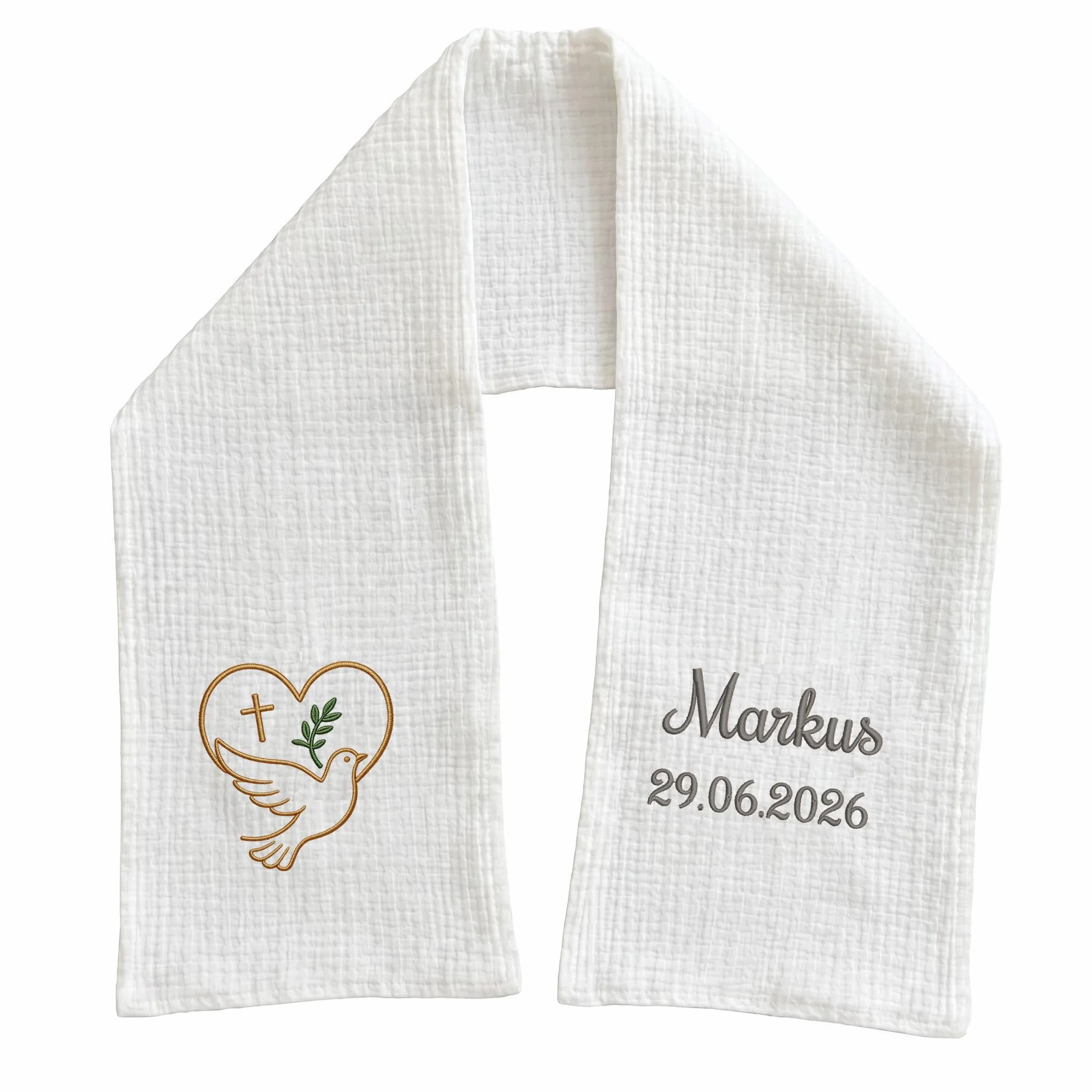 Écharpe de Baptême Personnalisée Bébé avec Broderie Prénom et Date – Double Gaze de Coton – Cadeau Baptême Garçon Fille
