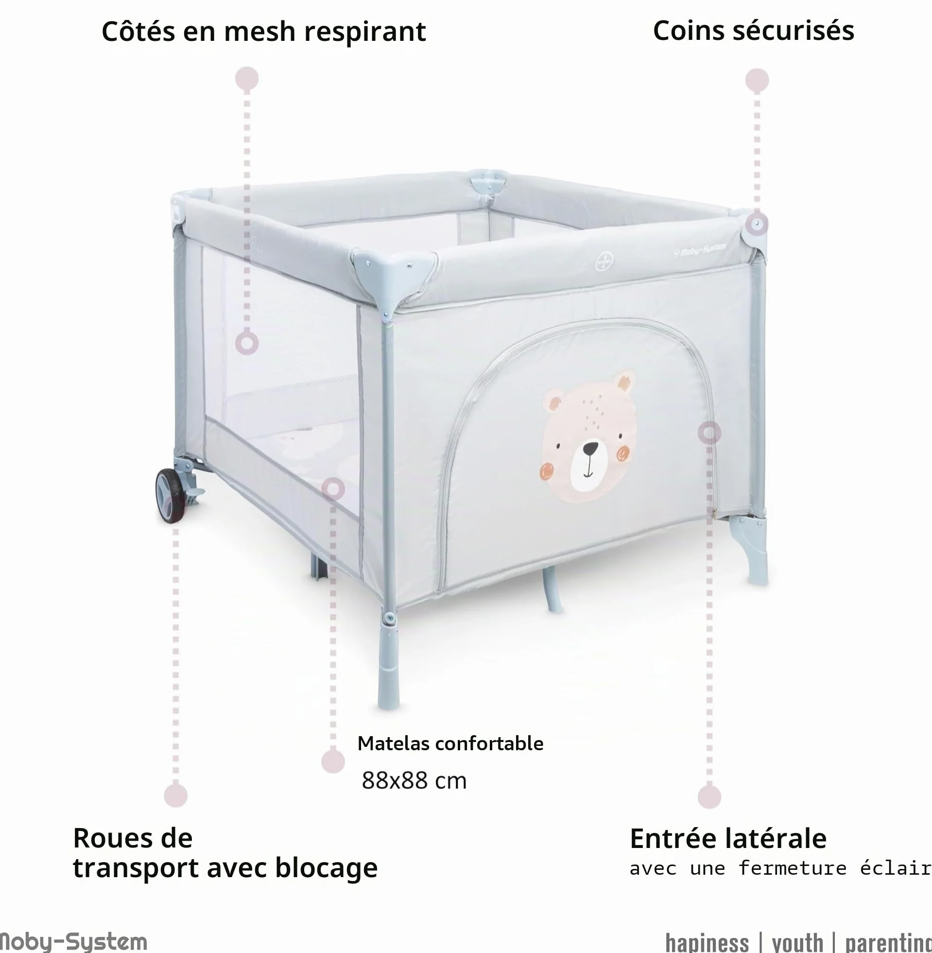 Moby-System Parc Bébé avec Matelas et Sac de Transport - Lit Parapluie Pliable, 97 x 100 x 77 cm
