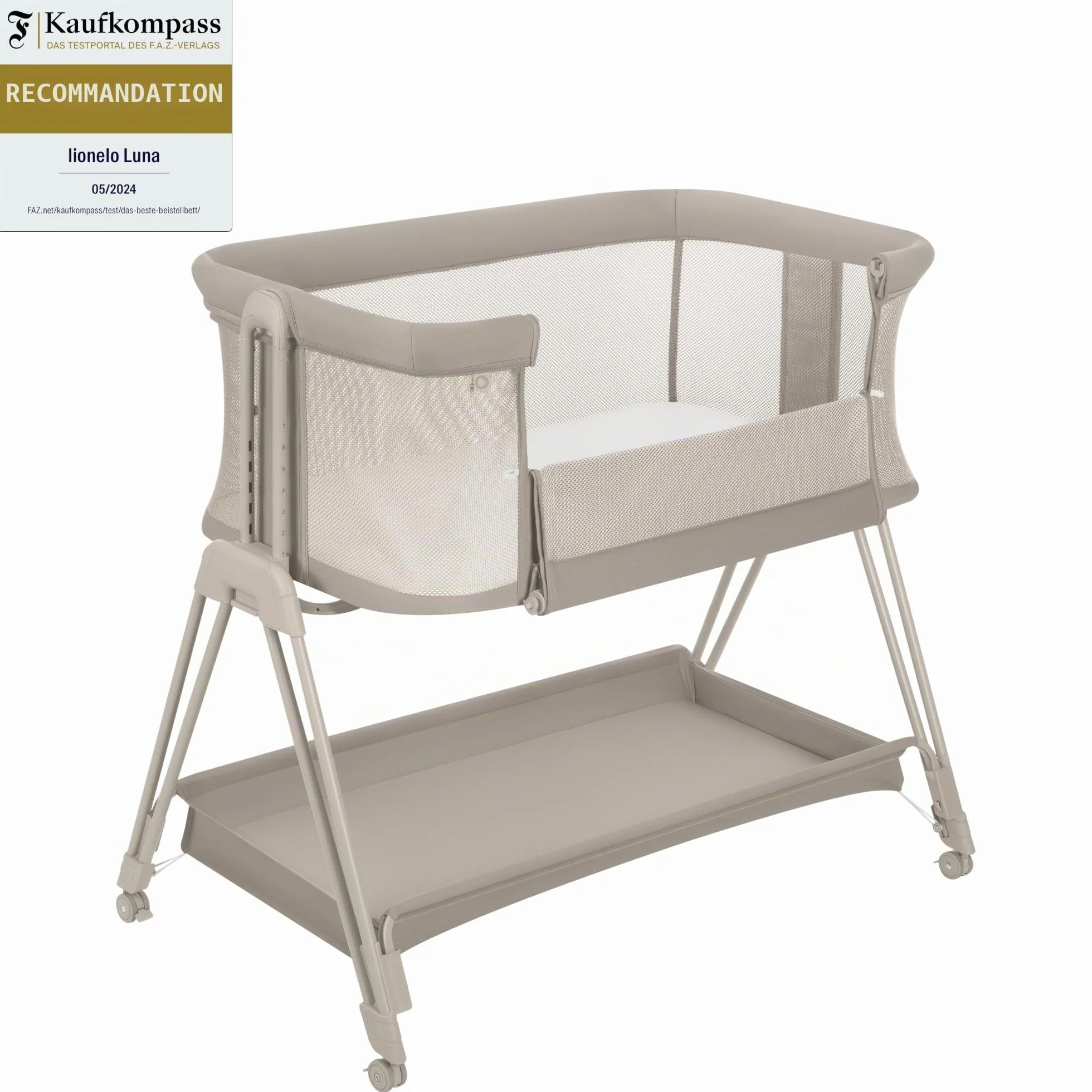 Lionelo Luna Lit Bebe Indépendant Cododo avec Matelas Co-Sleeping Nouveau-né 9 kg Hauteur Inclinaison Réglables 4 Roues Blocage Fixation Lit Parents Aéré Beige