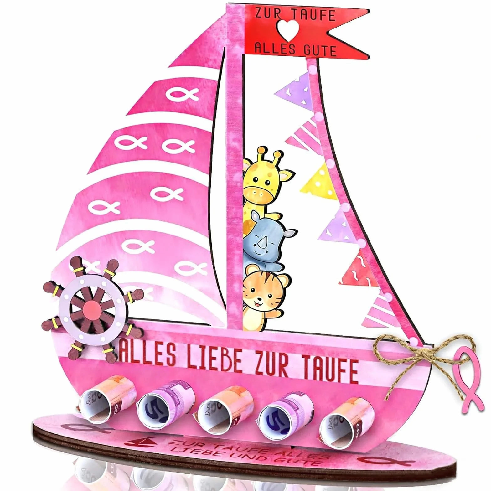 Cadeau Baptême Fille en Bois, Arche de Noé Rose, Souvenir Communion Anniversaire Baby Shower