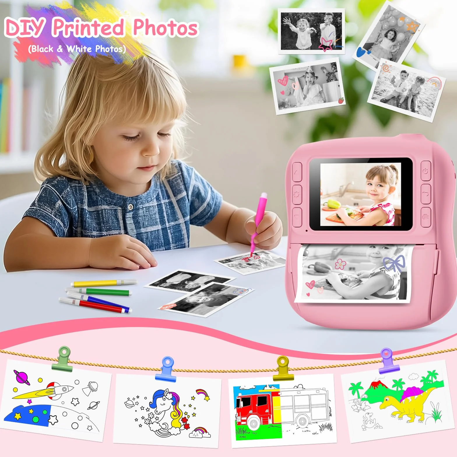 Appareil Photo Instantané Enfant 2,0 Pouces Écran HD avec Carte 32GB et 3 Rouleaux Papier Impression Cadeau Jouet Garçons Filles 3-10 Ans Rose