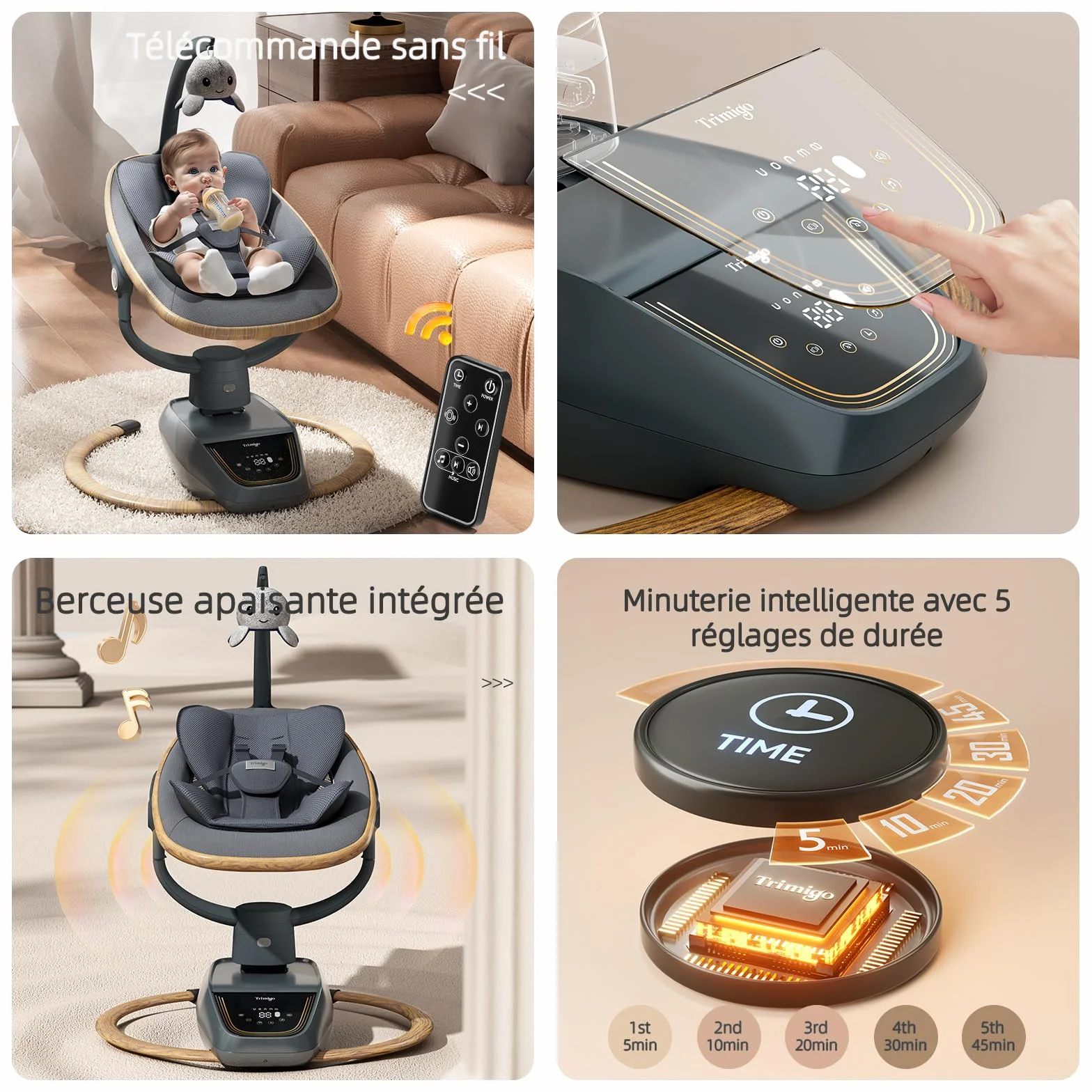 Balançoire bébé électrique 180° réglable 3D avec télécommande 5 modes 4 vitesses 0-12 mois bois