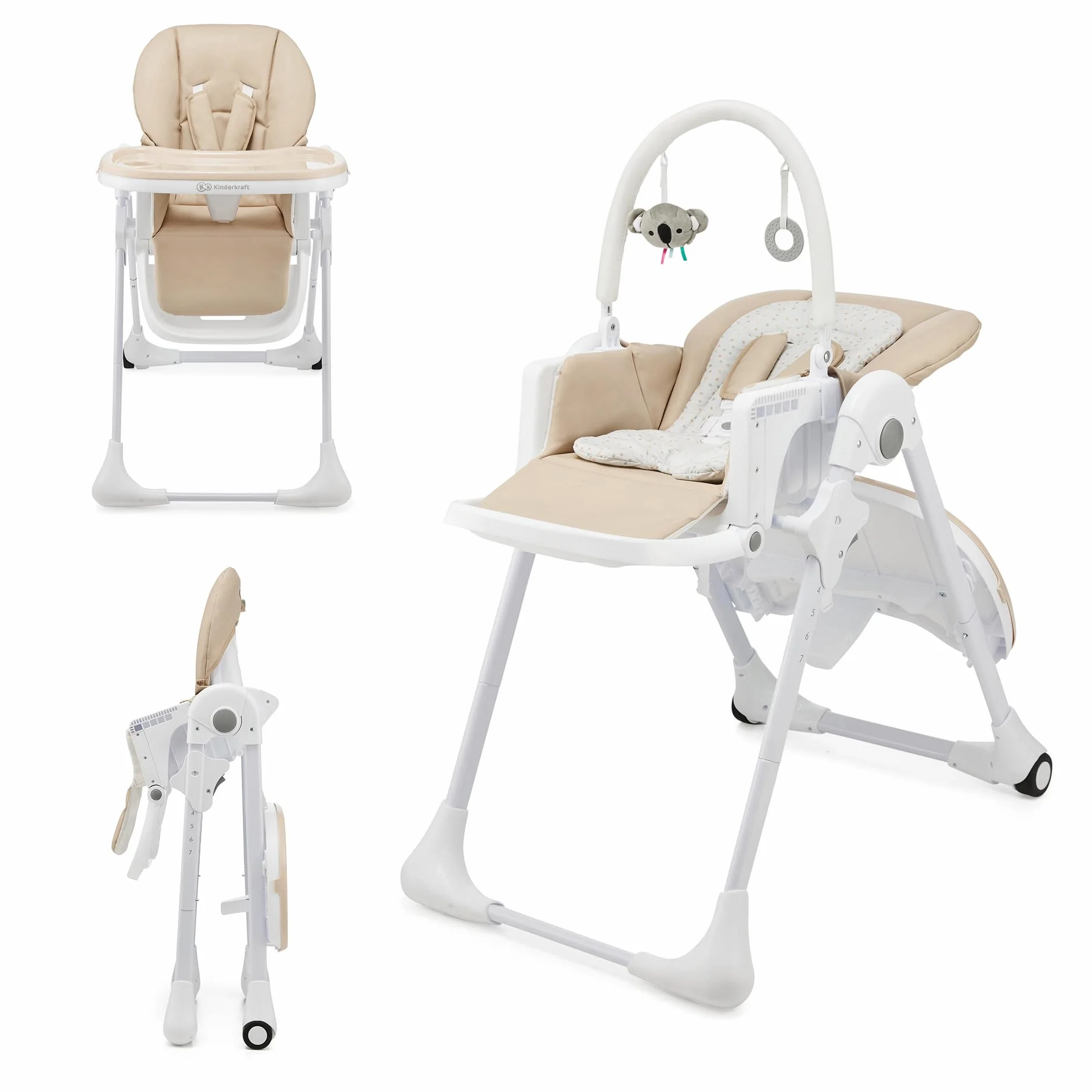 Kinderkraft TUMMIE Chaise Haute 2 en 1 Ergonomique Pliable avec Hauteur Réglable Beige