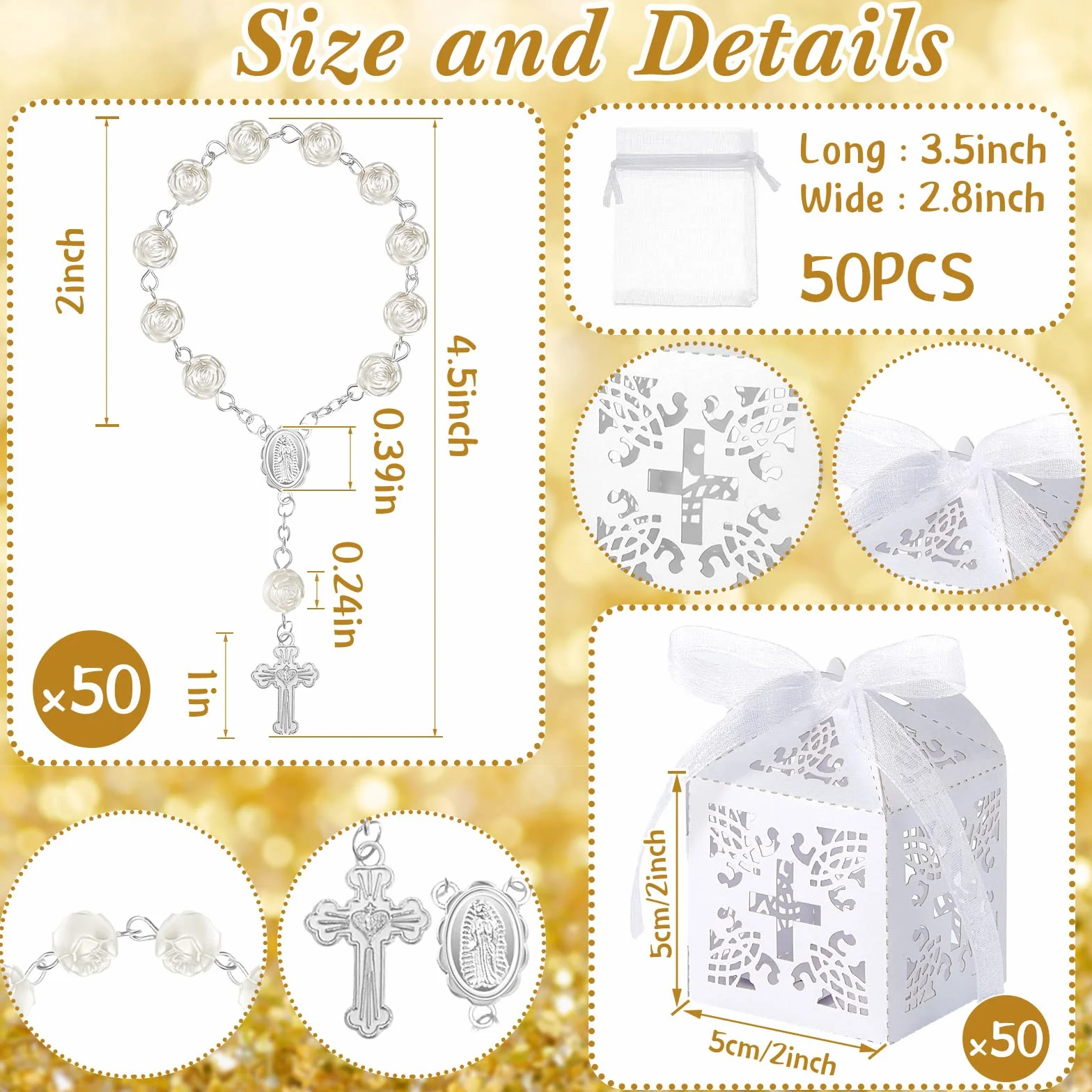 50 Paquets 150 Pièces Cadeau Bapteme Communion Mariage 50 Mini Chapelet Catholique Sacs Organza Boîte Dragées