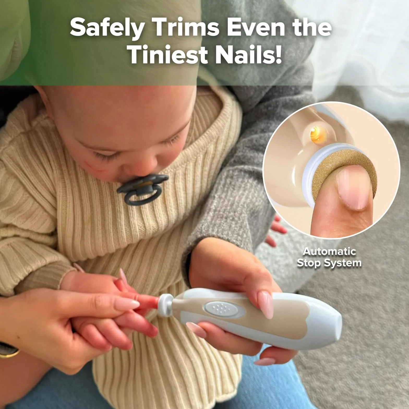 Haakaa Coupe-ongles Électrique pour Bébés, Kit Lime à Ongles avec 6 Têtes et Lumière LED, Kaki