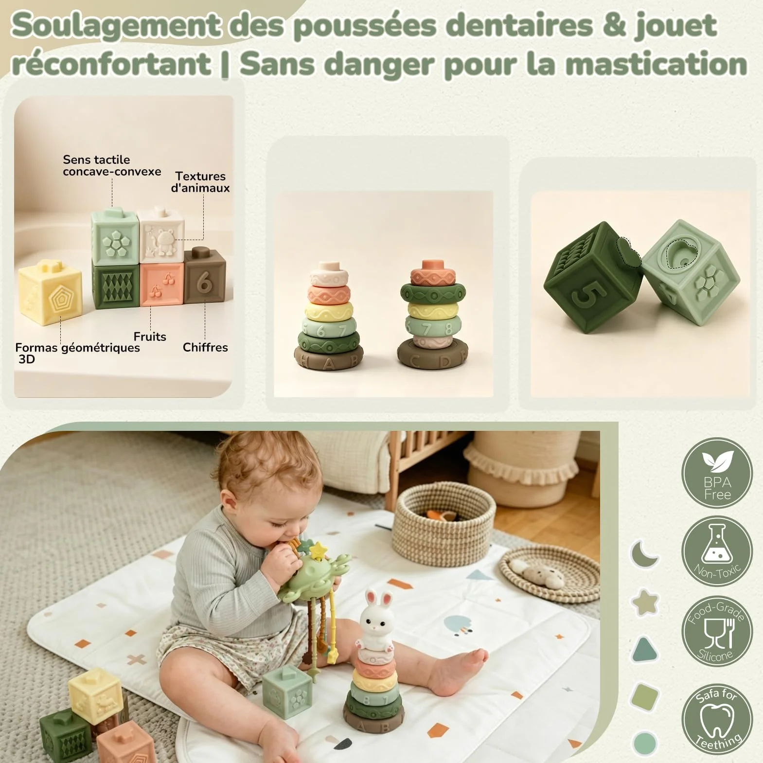 Jouet Bébé 6 Mois Montessori 5 en 1 – Jeux d’éveil 6-12 Mois avec Trieur de Formes, Boîte à Mouchoirs, Empilement | Jouet Sensoriel Cadeau pour Enfants 7 8 9 Mois
