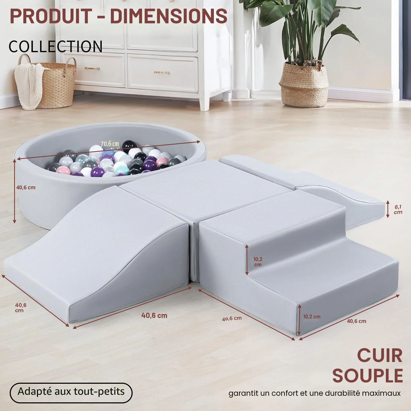 Lot de 5 jouets d'intérieur en cuir synthétique pour bébé avec piscine à balles - Jeu de blocs de construction en mousse - Jouet d'escalade et de ramper