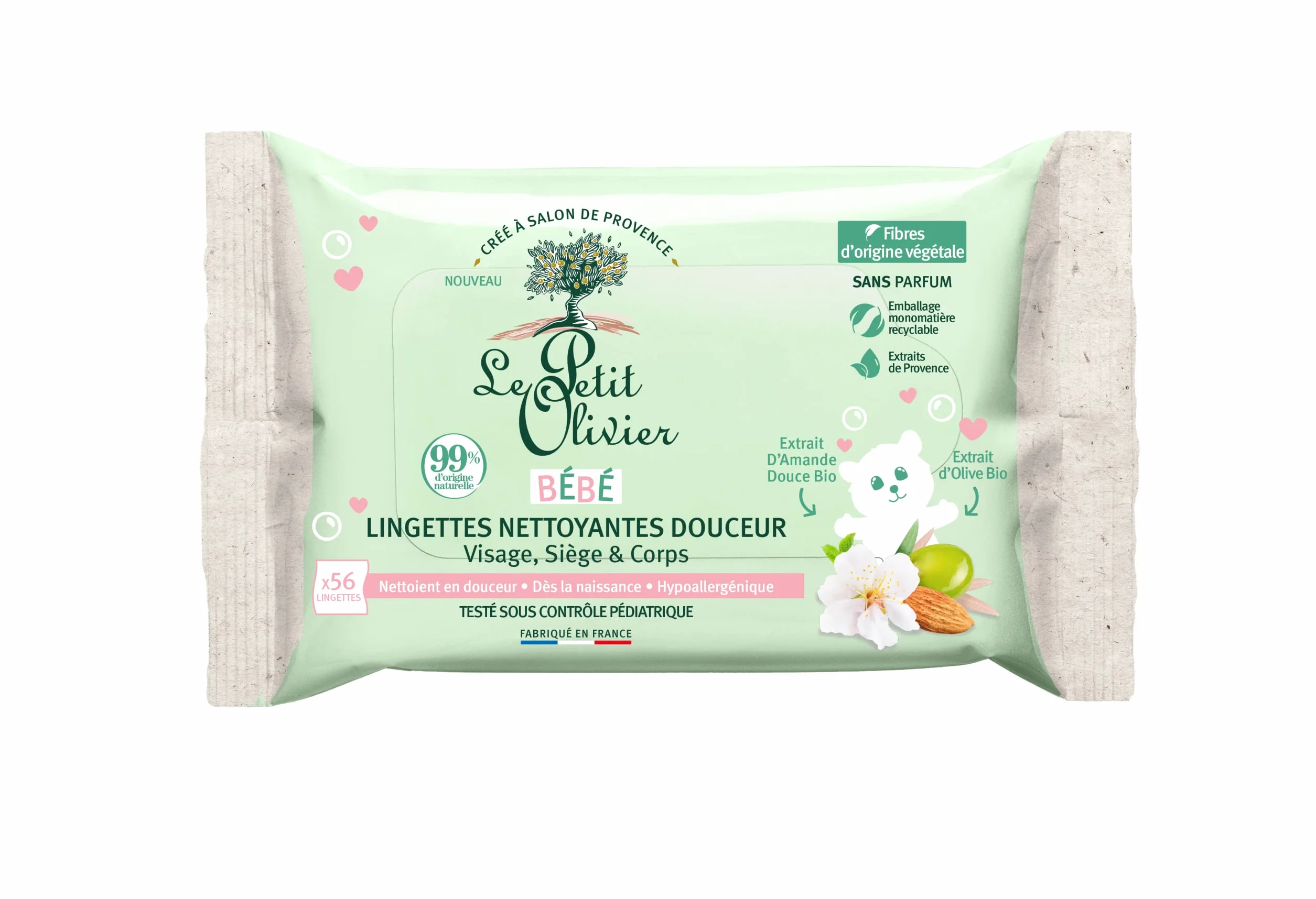 LE PETIT OLIVIER Lingettes Nettoyantes Douceur Bébé Visage Siège Corps Fibres d'Origine Végétale 99% d'Origine Naturelle Sans Parfum x56 56 ml