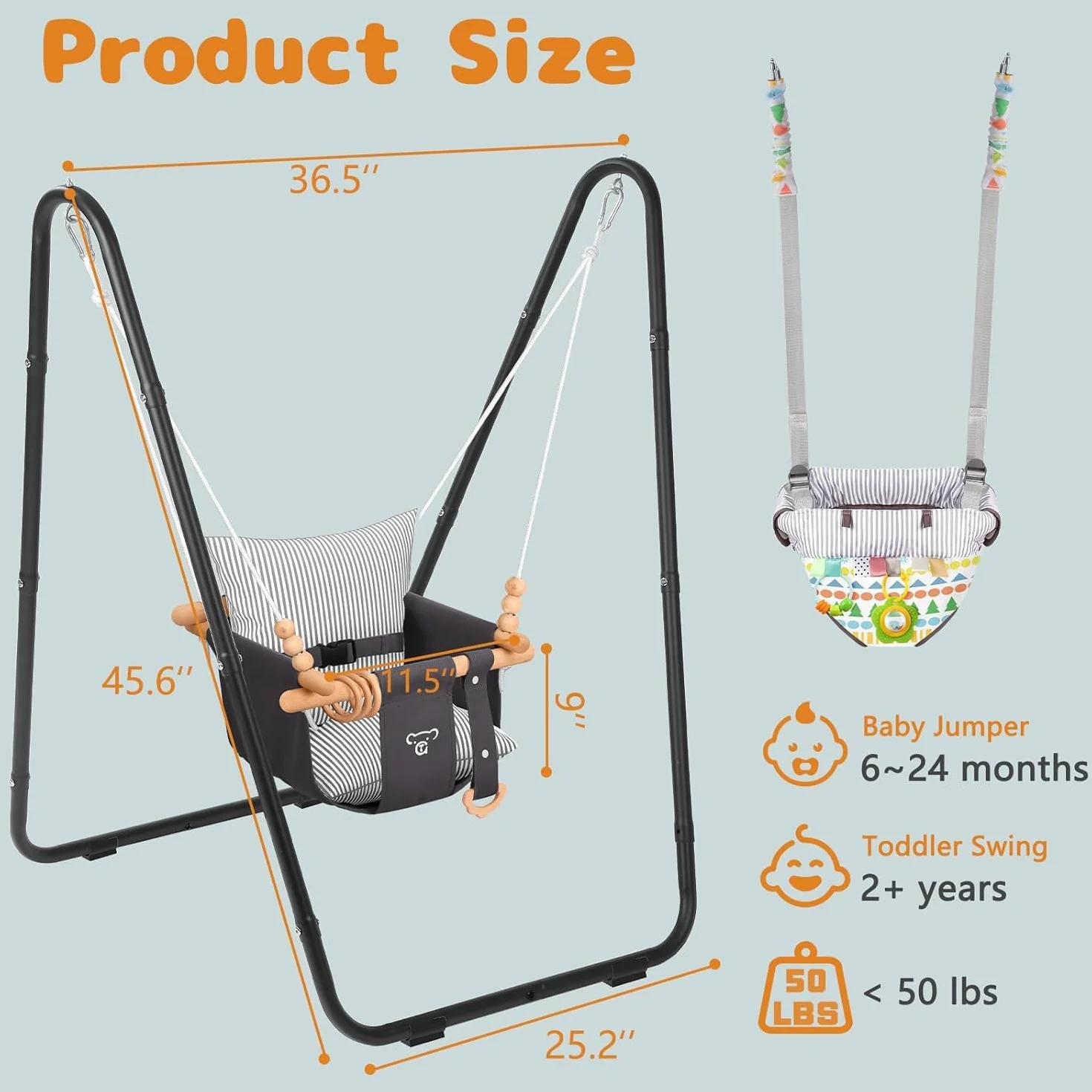 Balançoire 2 en 1 pour bébé avec ceinture de sécurité 5 points, intérieur et extérieur