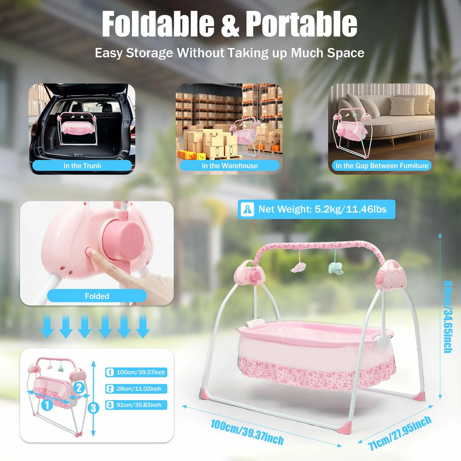 Transat Électrique Pliable avec Musique Intégrée, Télécommande, Matelas Épais, Oreiller Ergonomique