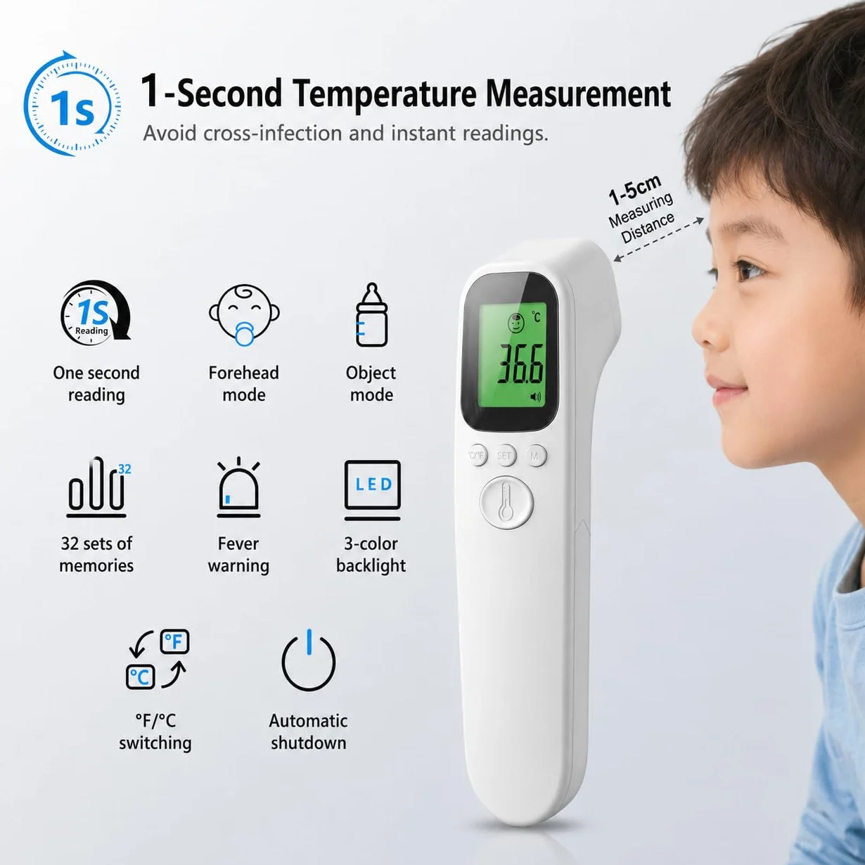 Thermomètre Frontal Sans Contact Infrarouge Médical Numérique pour Bébé Enfant Adulte Écran LCD Rétroéclairé 3 Couleurs Alarme Fièvre