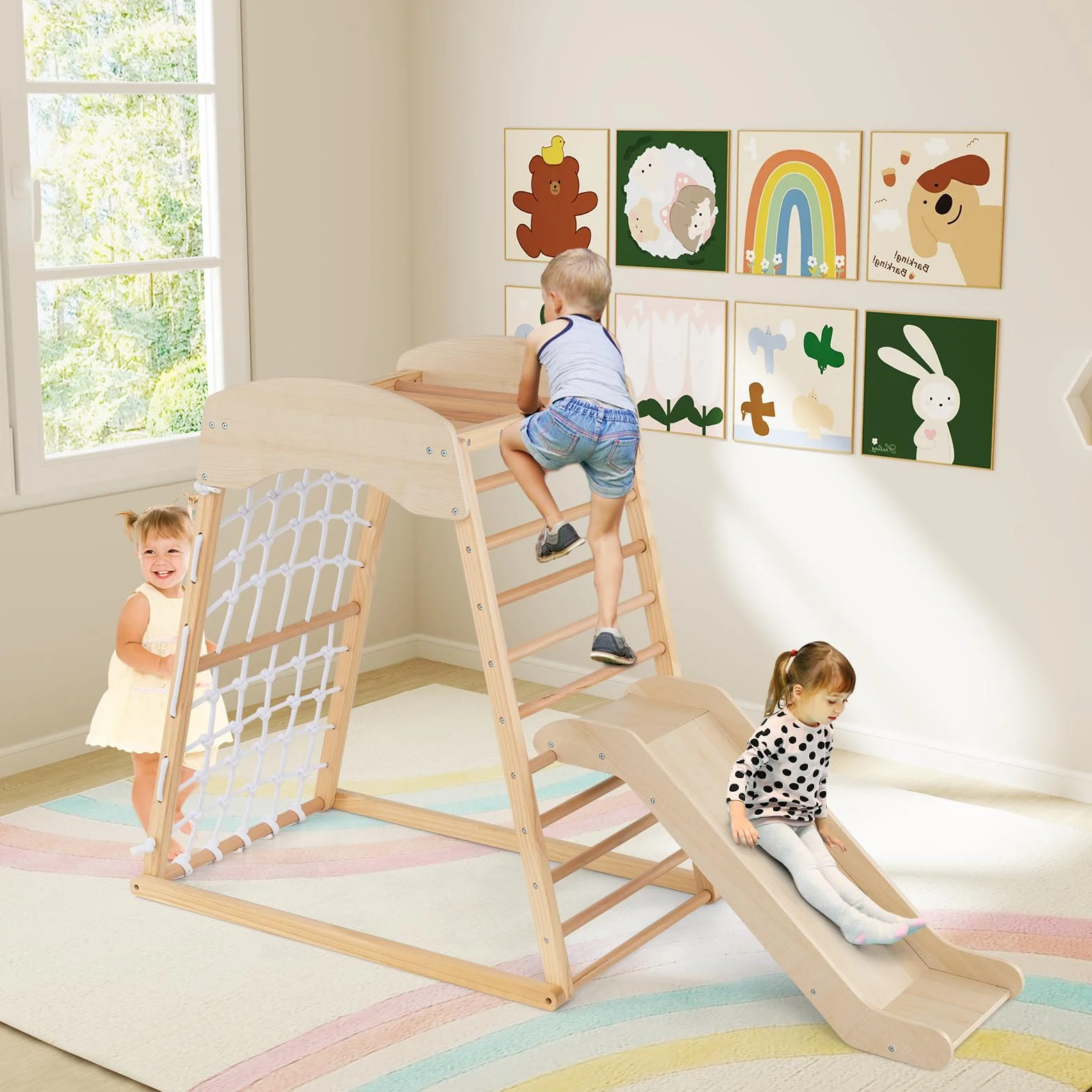 GOPLUS Triangle d'Escalade Montessori 4 en 1 avec Toboggan et Filet, Charge 50KG pour Enfants 1 an+