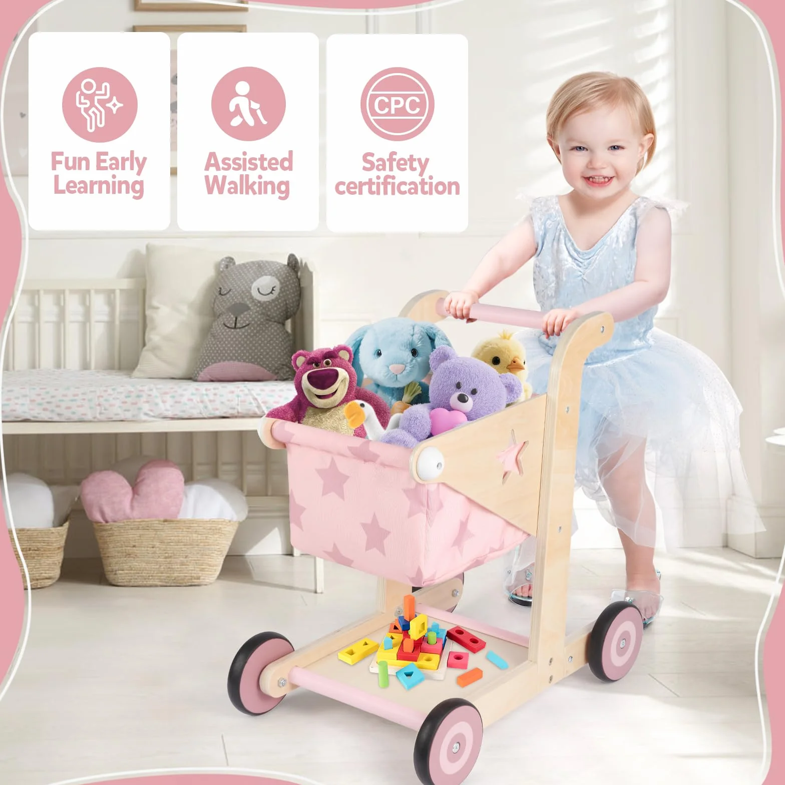 Asweets Trotteur en Bois 2 en 1 pour Bébé, Poussette Poupée et Chariot de Courses, Jouet Assis-Debout (Rose)