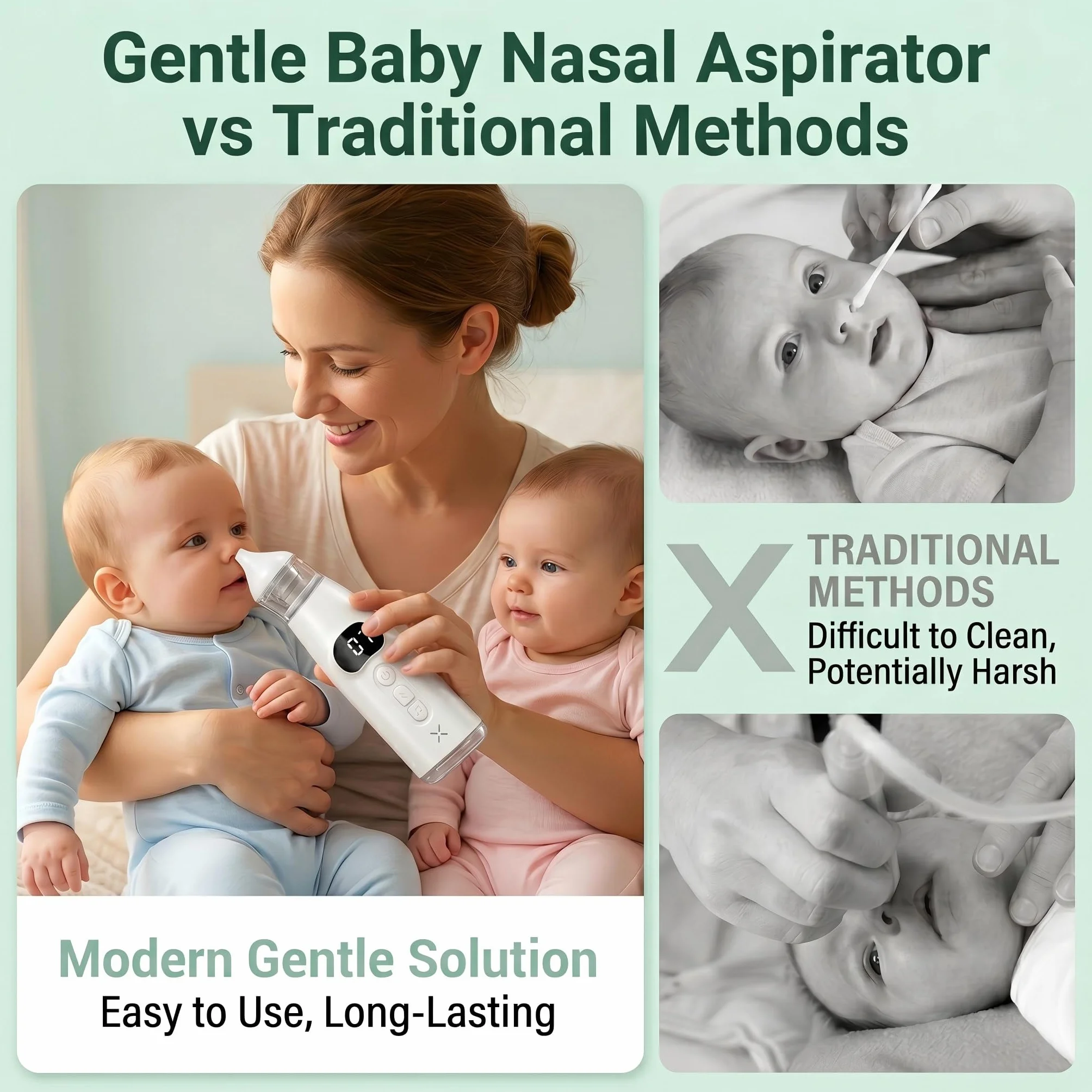 Aspirateur Nasal Bébé 60Kpa avec Écran LCD, 9 Niveaux d'Aspiration, Rechargeable USB-C, Silencieux <60dB, Anti-reflux