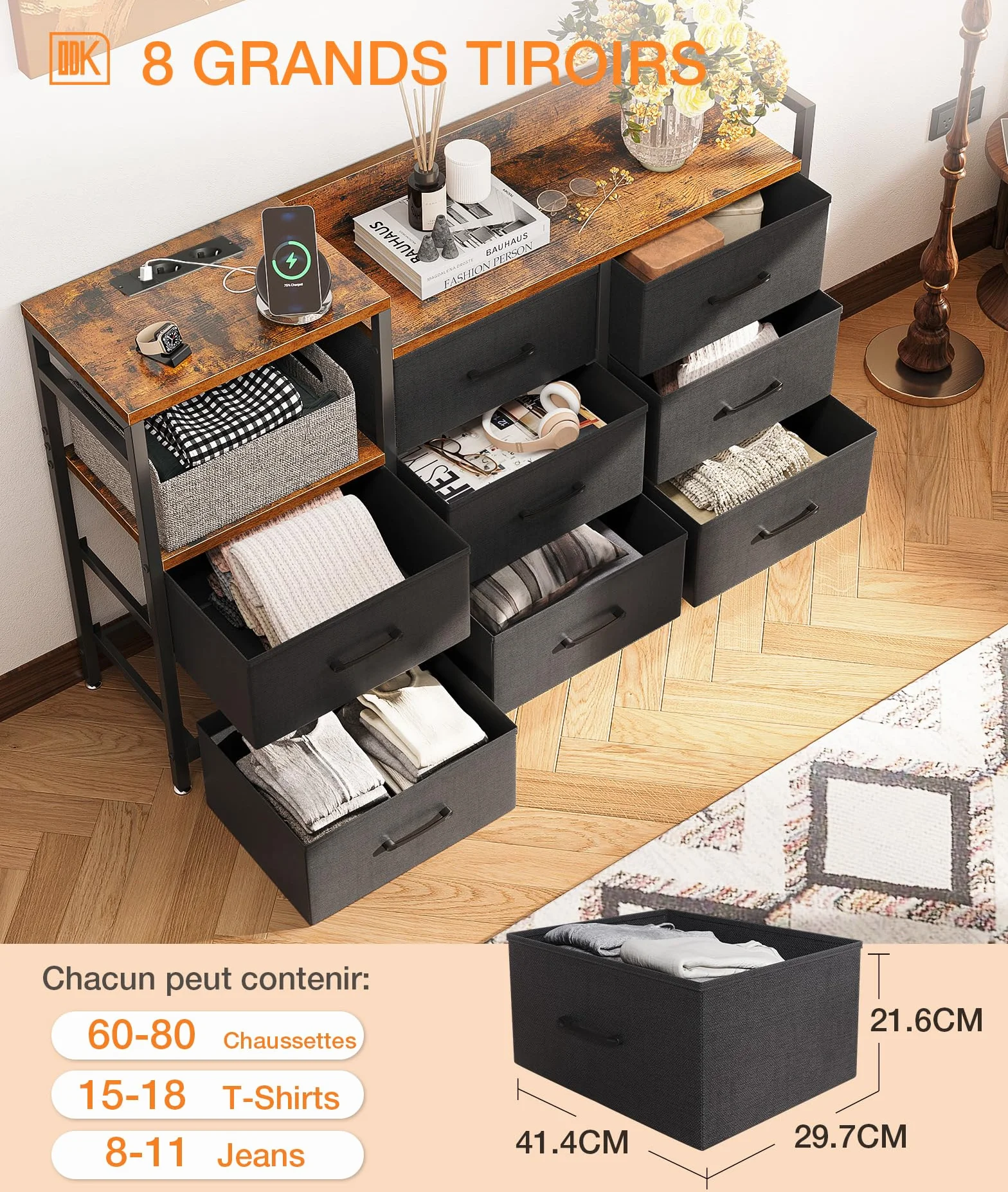 ODK Commode Chambre 2 Ports USB 2 Ports AC Armoire à tiroirs 132x30x88 cm Vintage Noir