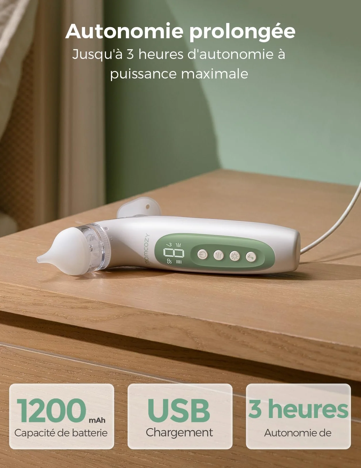 Momcozy BN007 mouche bébé électrique 2-en-1 65 kPa aspiration 4 niveaux réglables silencieux portable lumière musique apaisante
