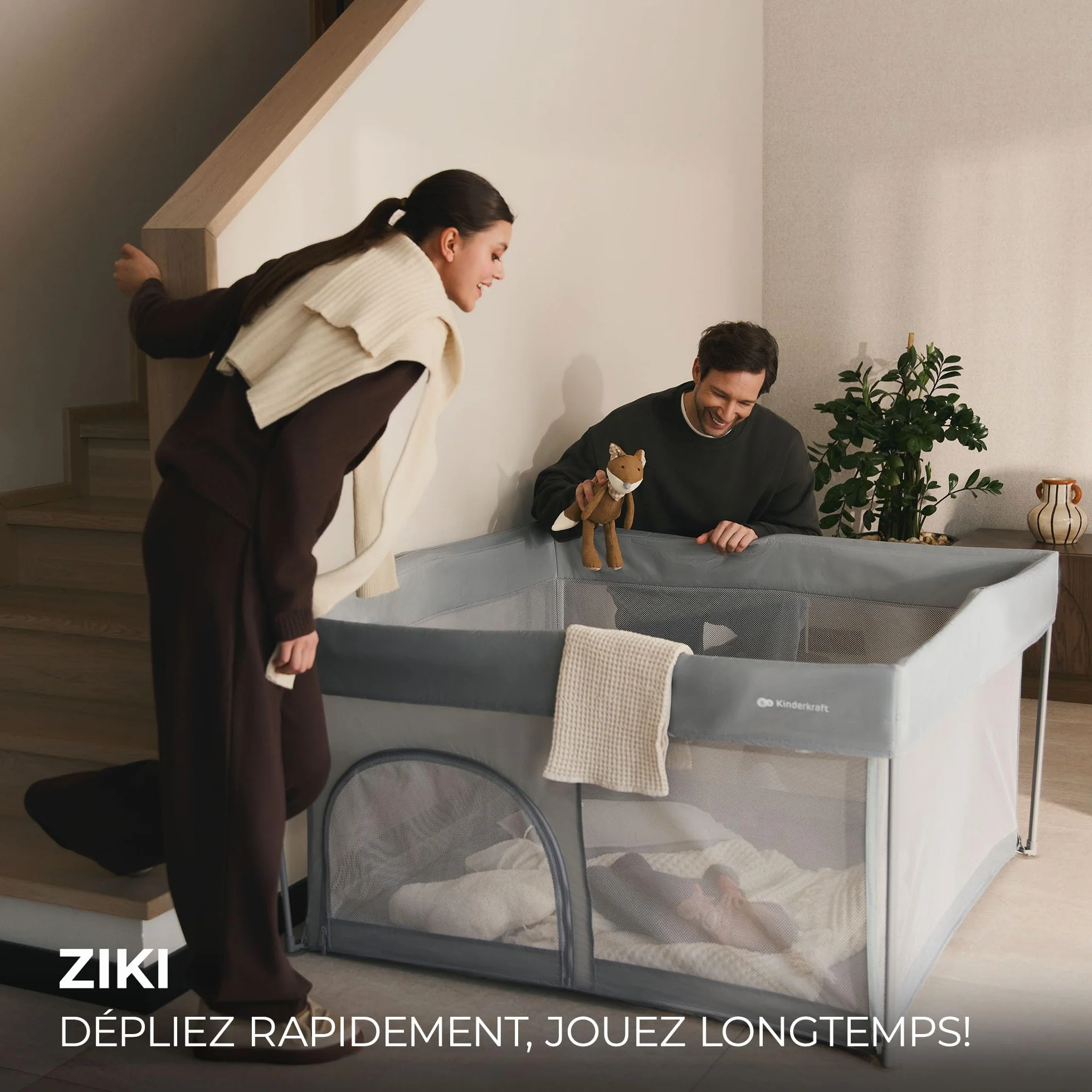 Kinderkraft ZIKI Parc bébé pliable, jusqu'à 4 ans, cadre acier, gris